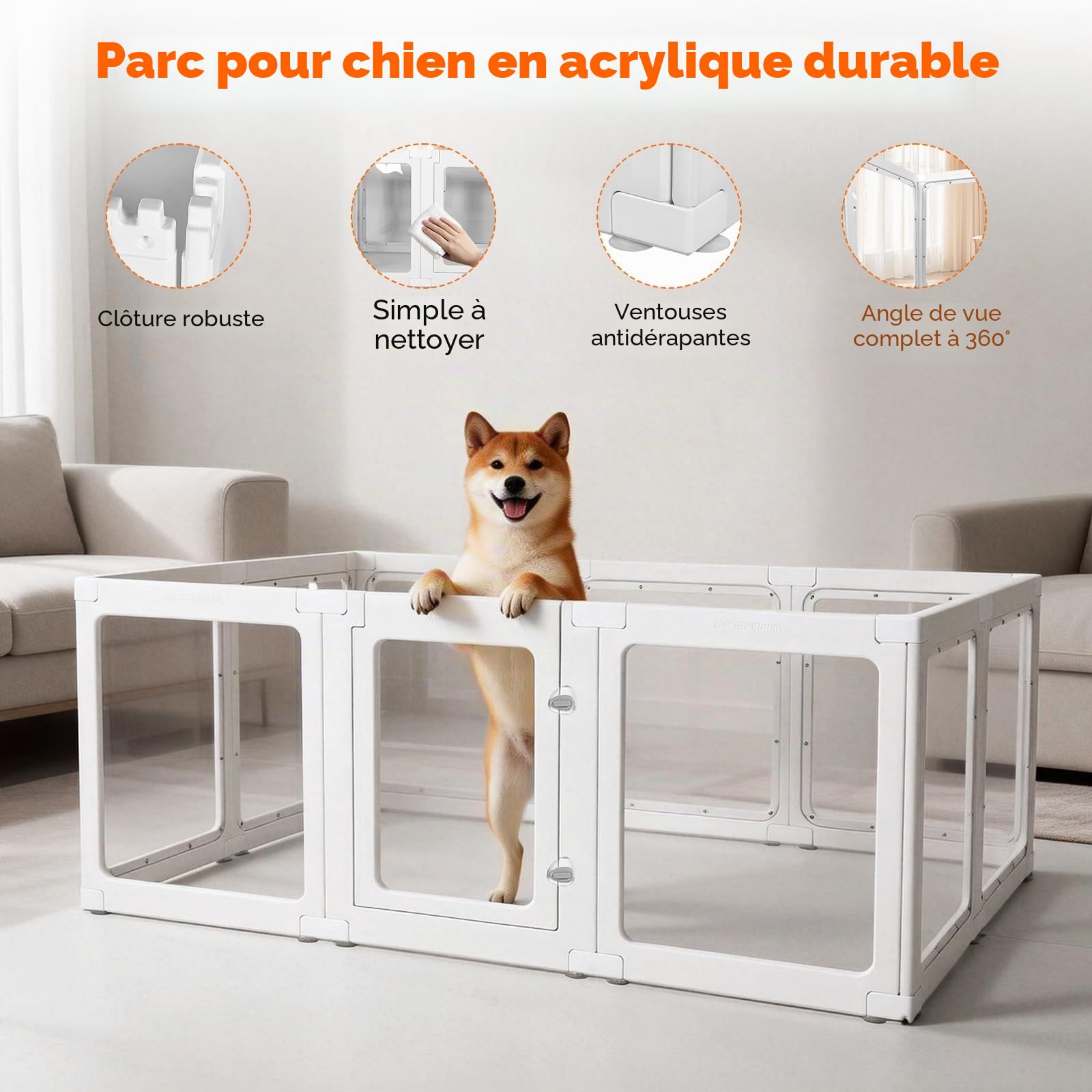 10 Panneaux Parc pour Chien,Parc Transparent pour Animaux de Compagnie de 60cm,pour intérieur et extérieur avec Porte verrouillable pour enclos pour Chiens/Chats/Lapins (152 * 102 * 61CM)