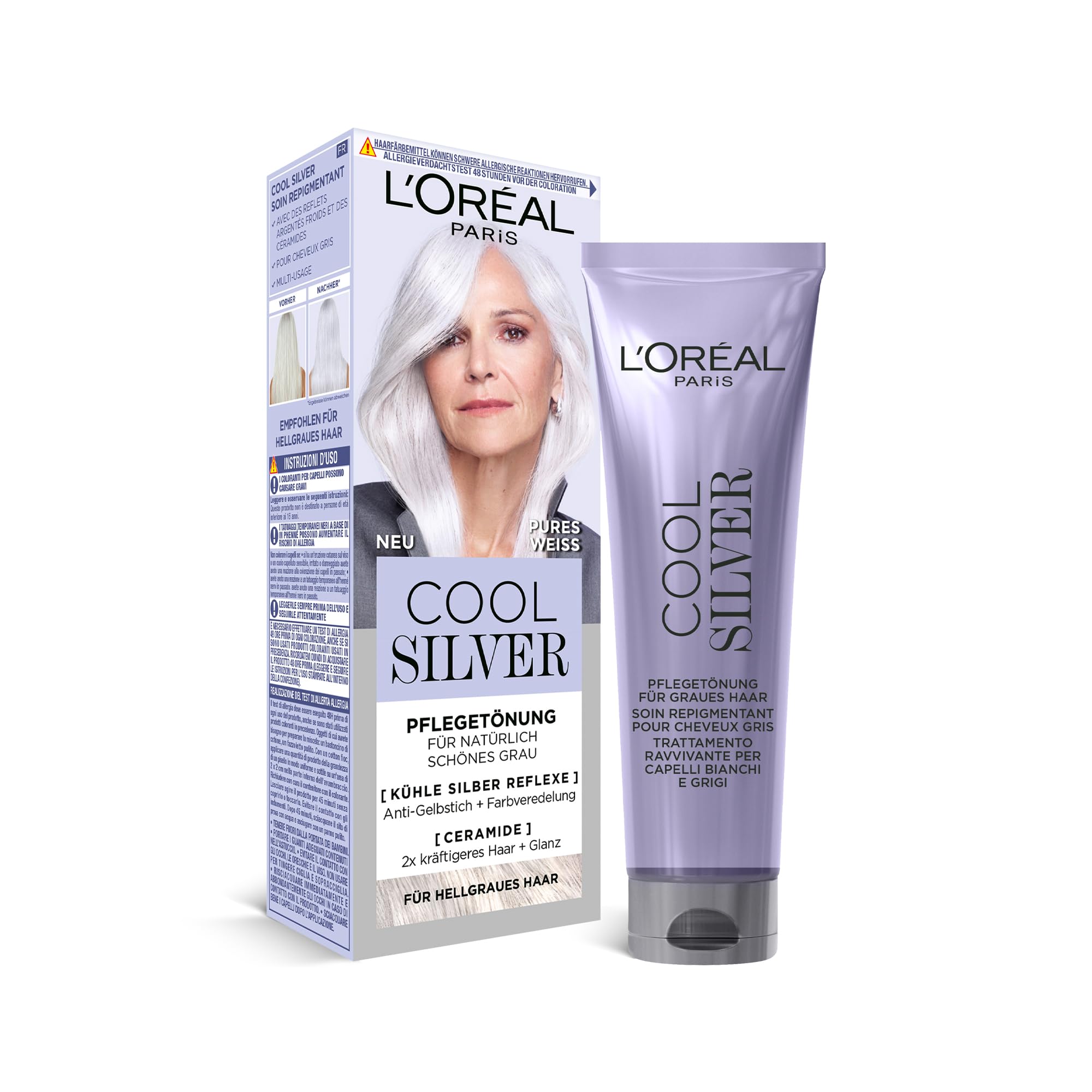 L'Oréal Paris Haarfarbe, Anti-Gelbstich, Farbveredelnde Pflegetönung mit Ceramiden, Für hellgraues Haar, Cool Silver, Farbe: Pures Weiß