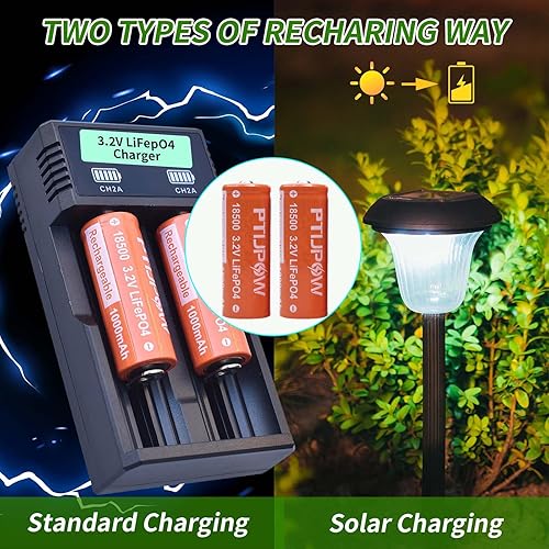 Miniatura 6 de Paquete de 4 baterías solares LiFePO4 18500 3.2V LiFePO4, batería solar recargable de fosfato de hierro de litio 18500 de 3.2 voltios y 1000 mAh