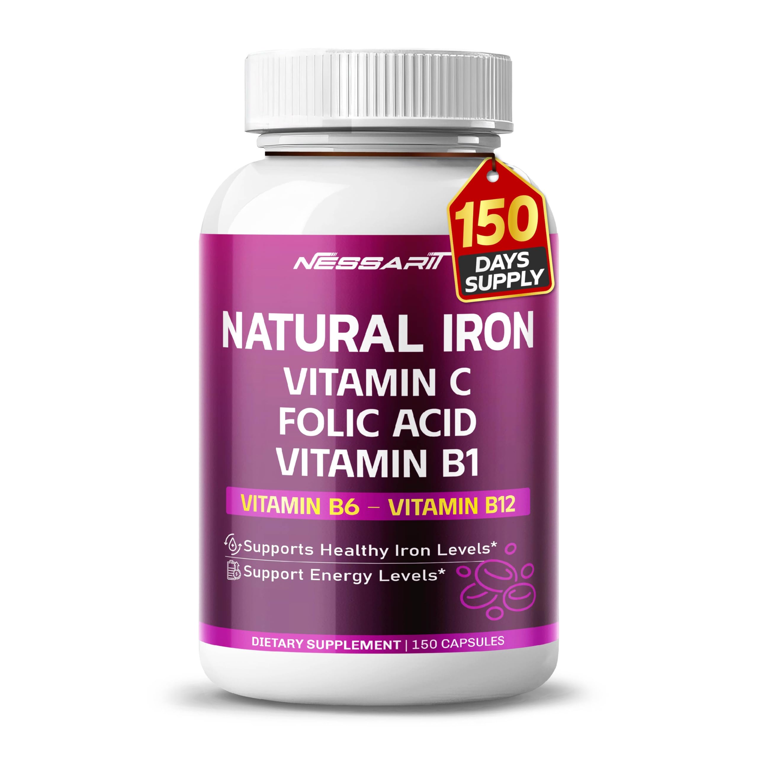Amazon.com: NESSARIT Natural Iron High Potency with Vitamin C, Folic Acid -  High-Absorption Formula Vitamin B1, Vitamin B6, Vitamin B12 - Support Blood  Building - 150 Count : Health & Household