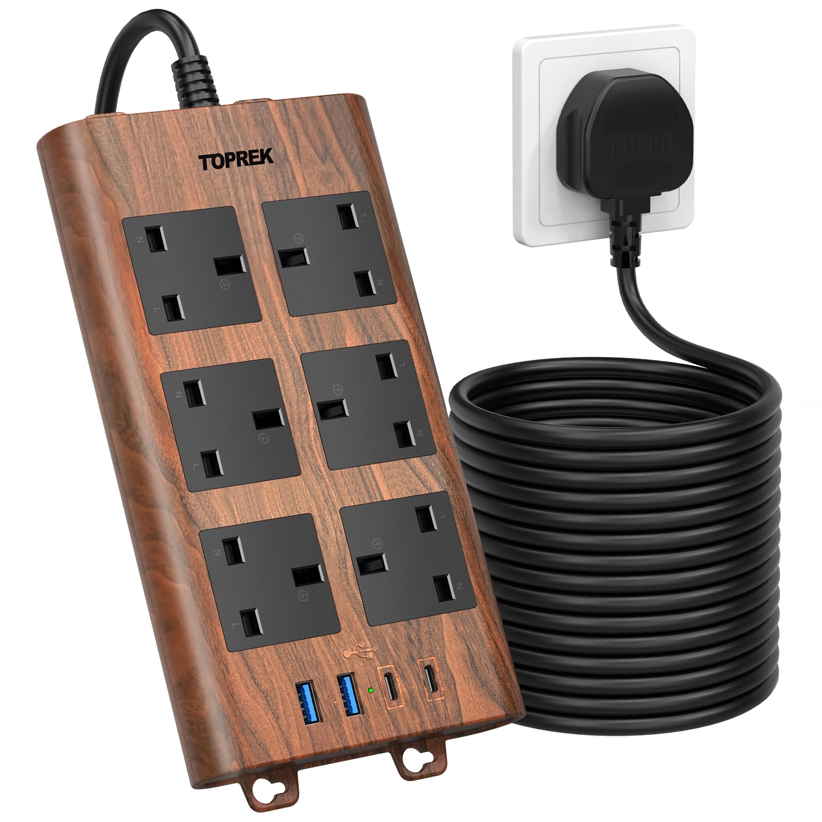 TOPREK Holzmaserung 6 Wege Verlängerungskabel mit USB-Steckplätzen, Überspannungsschutz, 2USB-A & 2USB-C & 1 Schalter, 13A/3250W, Braun Verlängerungskabel 5M für Home Office Küche