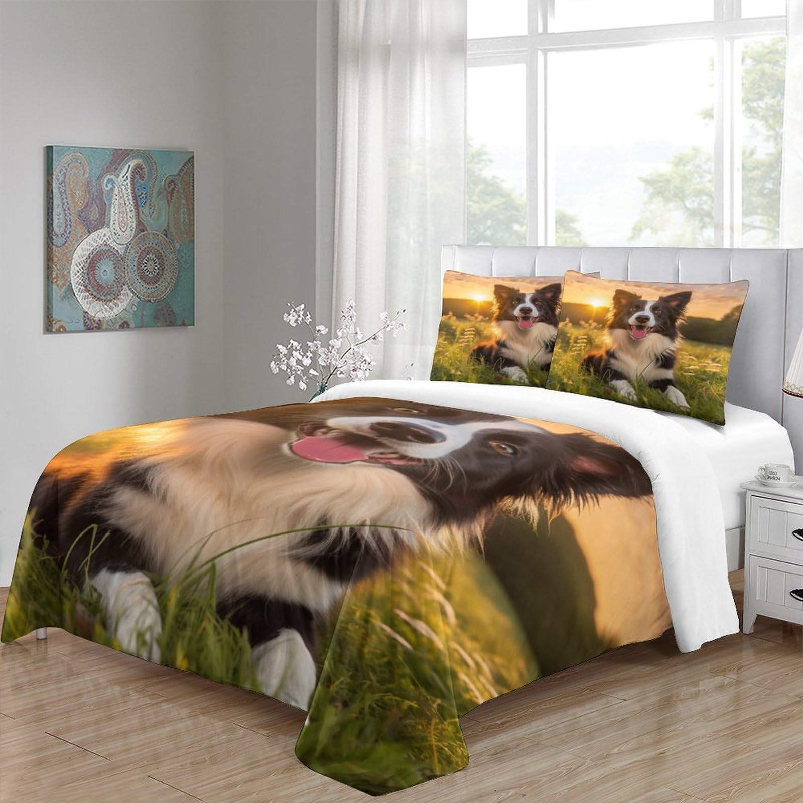 Perro Border Collie Funda Nórdica Funda De Edredón para Dormitorio Impresión 3D DigitalAnimales Pet Juego De Cama con Cremallera Microfibra Y Funda De Almohada 3 Piezas Super King（260x220cm）