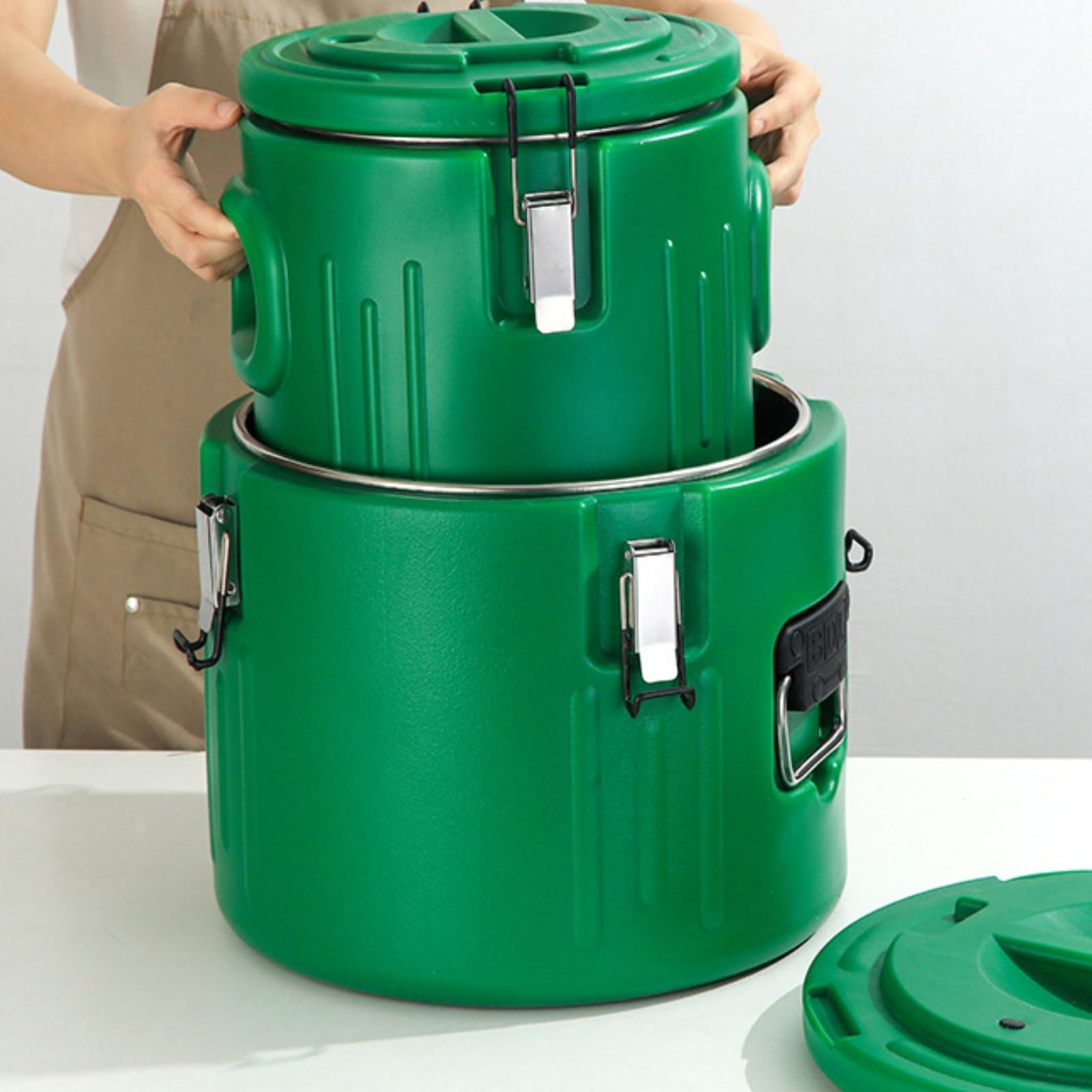 3 Piezas Cubeta Térmica Aislada Recipiente Conservación Alimentos Asas Interior Inoxidable Aislante Adecuado para Servicio de Comidas Hogar, Verde, Verde, Juego De 3 Piezas 5L/20L/40L