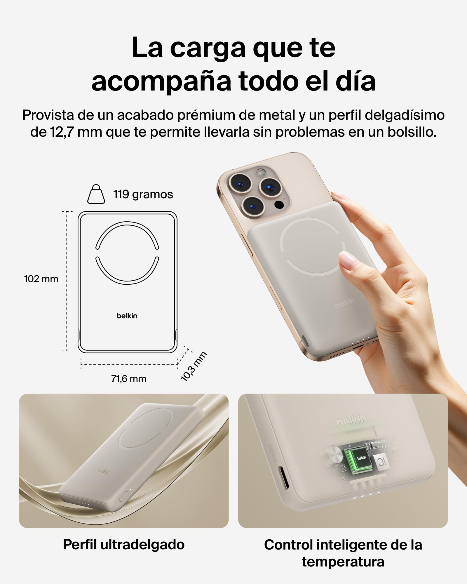 Belkin BoostCharge Batería Externa 5000 mAh con Anillo Magnético - Arena | Power Bank de 5000 mAh, Anillo Magnético, 1 Puerto USB-C, Cable Incluido, Autorizada como Equipaje de Mano, Batería Portátil