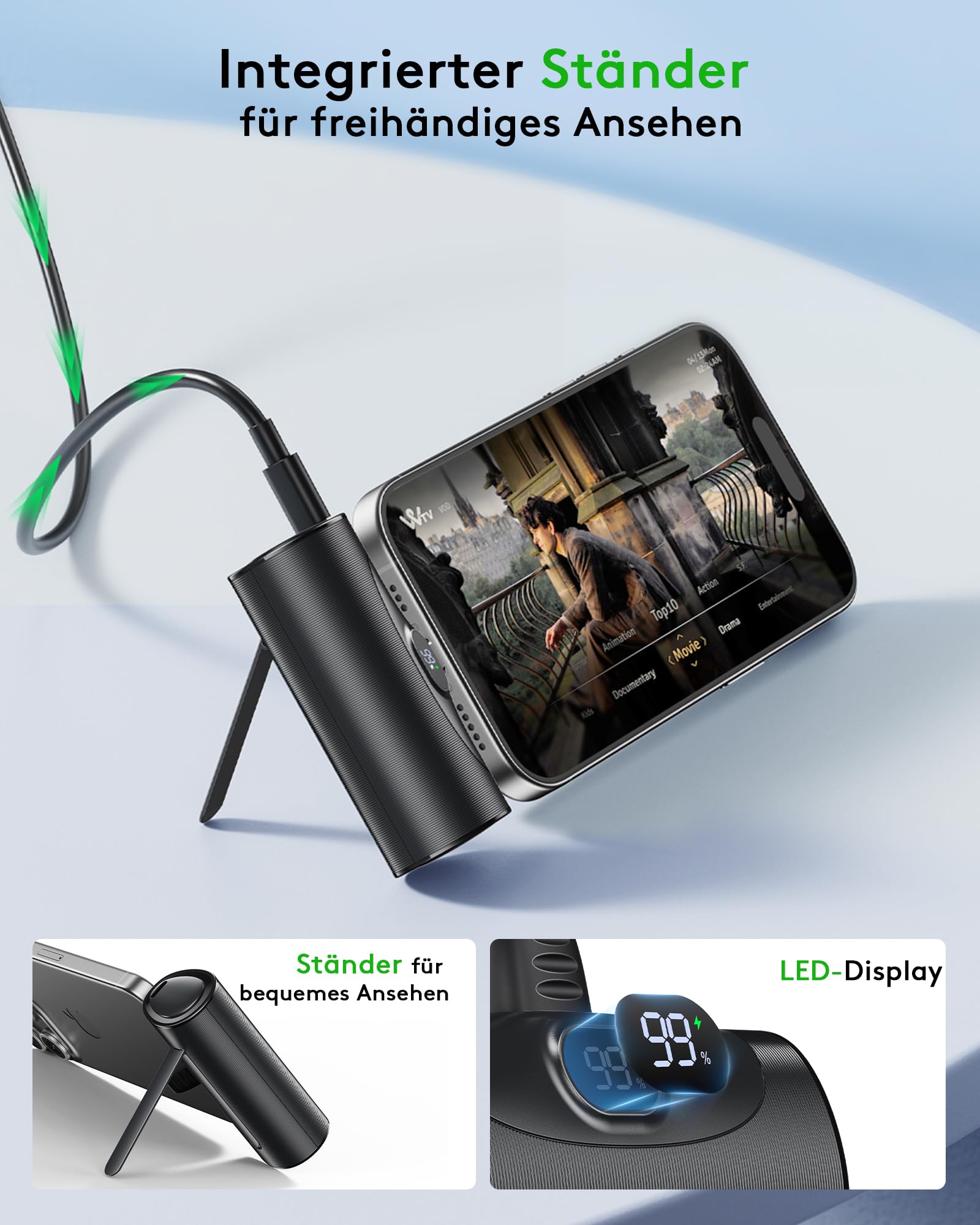 2025 Mini Power Bank iPhone USB C 5000mAh, 20W Ricarica Rapida Powerbank con Supporto Richiudibile, Caricatore Portatile Piccolo con LED Display per i-Phone 17 16 15 Pro Samsung Cavo non necessario