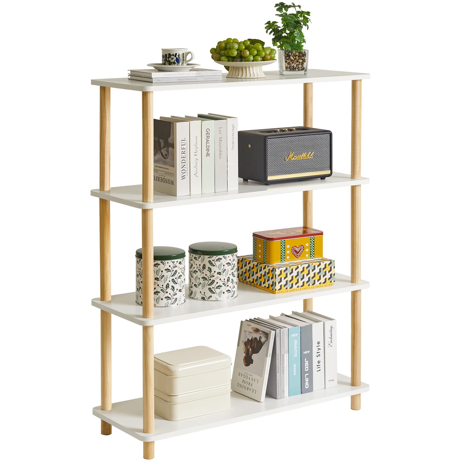 IBUYKE 4-Tier Wooden Open Bookcase - Modern Freestanding Bookshelf Storage Organizer,Multifunctional Display Stand for Bedroom, Living Room and Home Office, Storage Cabinet,White WBC004W