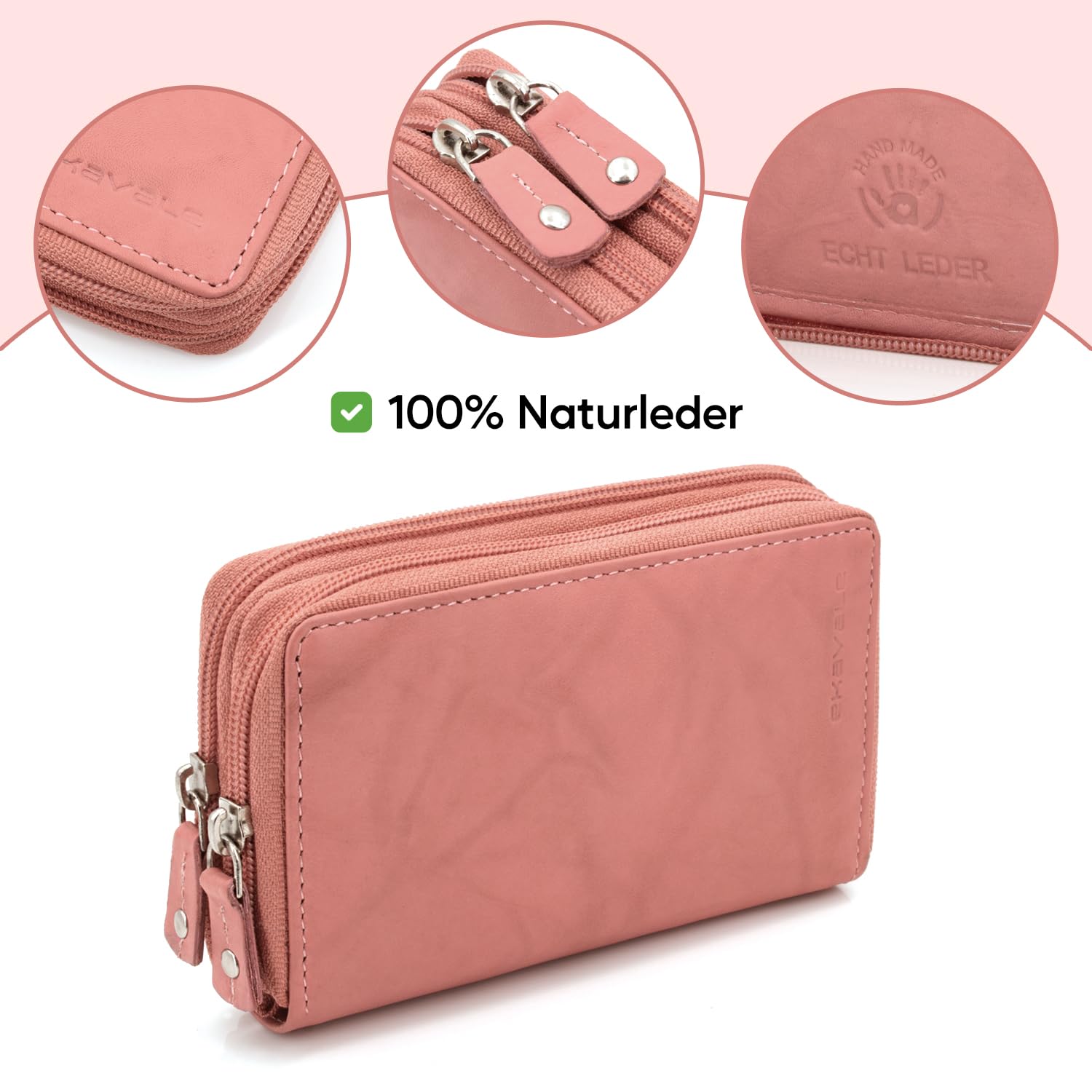 ekavale Hochwertige Damen Geldbörse aus echtem Leder, Frauen Geldbeutel mit RFID-Schutz, Großes Portemonnaie mit Reißverschluss und Viele Kartenfächer (Antik-Himbeere)