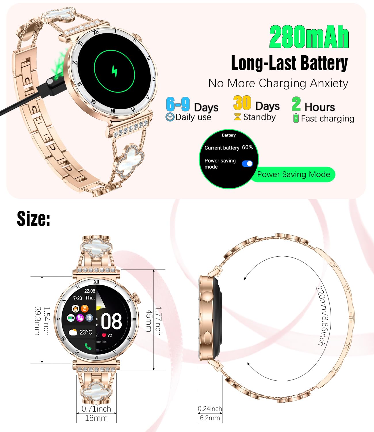 Montre intelligente pour femmes, écran AMOLED HD de 1,19" - Smartwatch pour femmes, bracelet de fitness avec moniteur de fréquence cardiaque/sommeil, appel Bluetooth, étanche IP67, compatible avec iOS