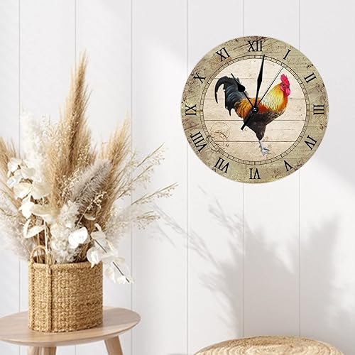 Miniatura 6 de Reloj de pared moderno, silencioso sin tictac, funciona con pilas, estilo granero, pollo, gallo francés, retro, de madera, redondo, fácil de leer