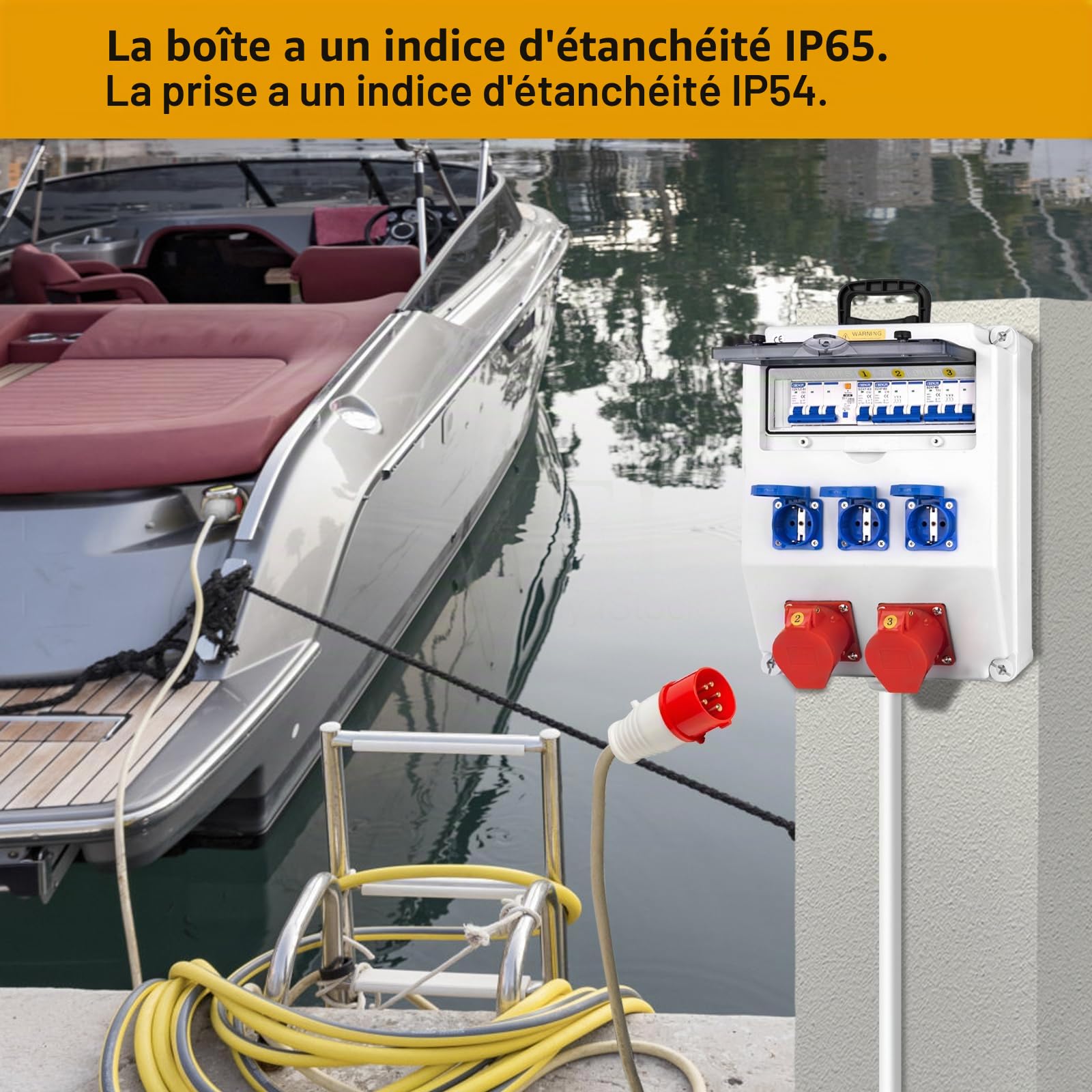 Coffret Electrique IP65 avec Prises schuko et prises CEE,Prise Exterieure Etanche Coffret de Chantier,Distributeur de Courant Électrique avec Disjoncteur pour Usage Extérieur et Intérieur