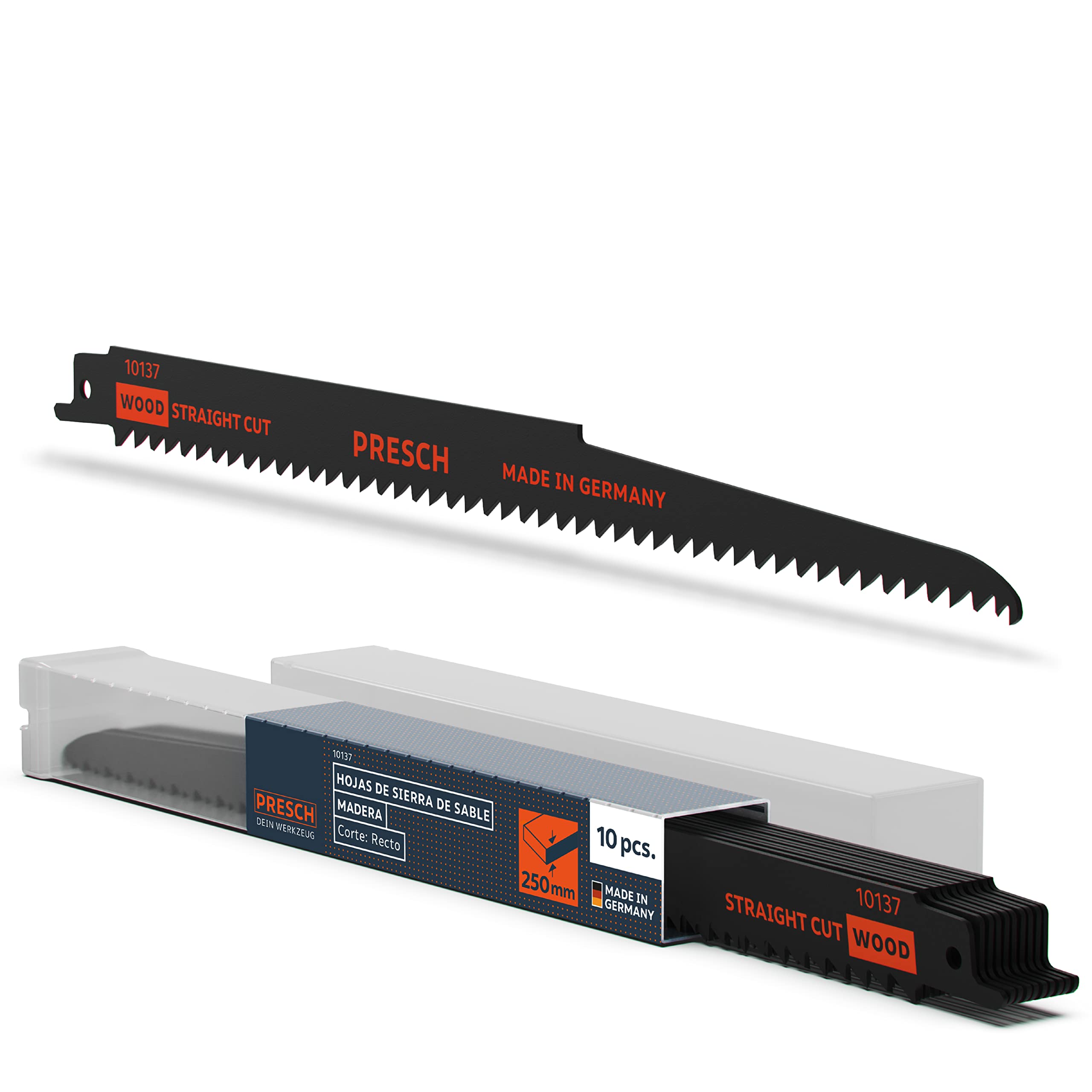 Presch Hojas de sierra sable madera 280mm 10 piezas (largas) - Corte 6-250mm - Hojas de sierra de sable para madera, tubos de PVC y más. - Juego de hojas de sierra con caja incluida