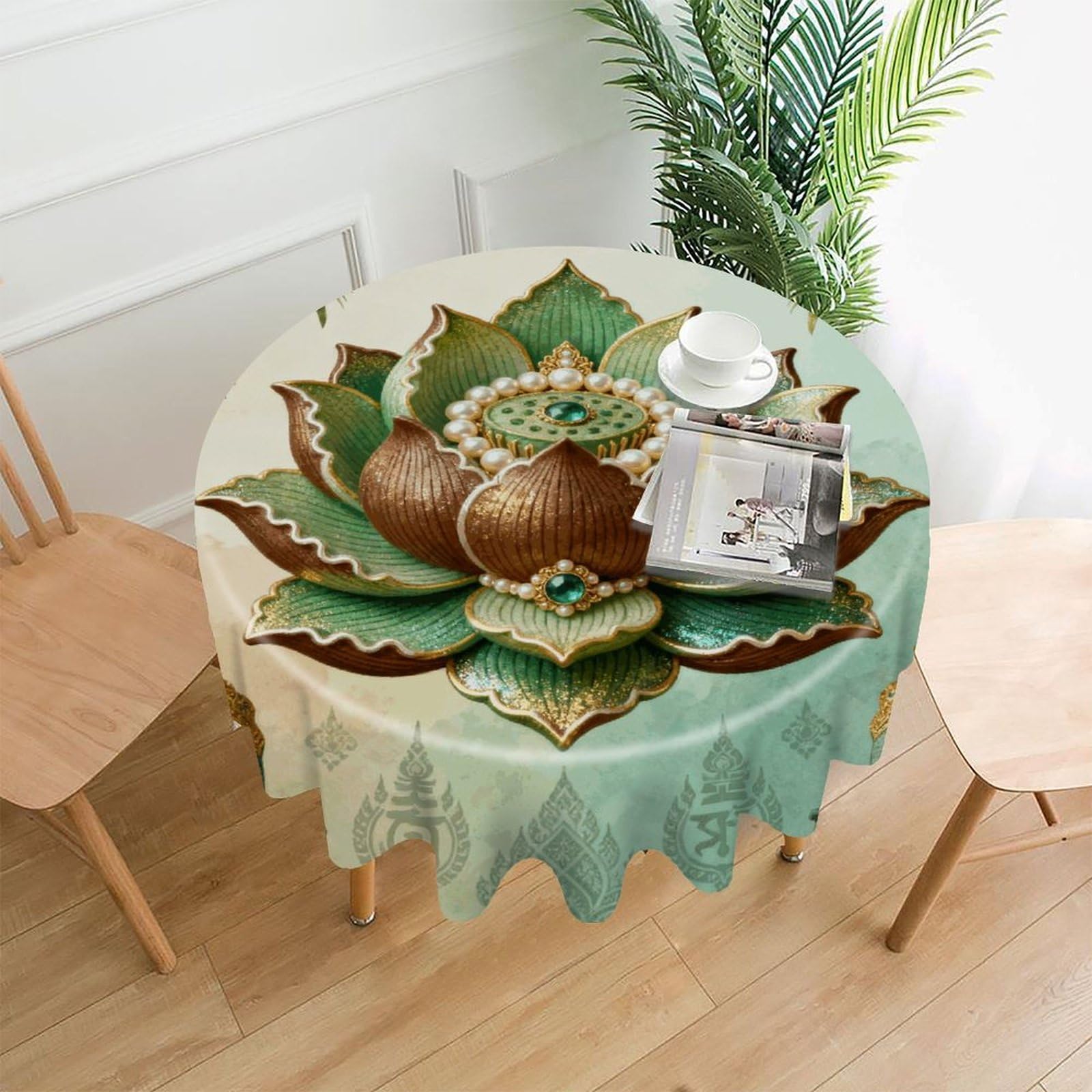 LDGSUPH Green Lotus Golden Elephant Round Tablecloth Cover Washable Luxurious Fabric Table Cover Decor Wrinkle Free Fashion Round Table Cloth for Home Dining Kitchen Party 60 in