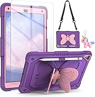 Vista 6 de VOFUOE Funda para iPad de 6ª/5ª generación con protector de pantalla para iPad 9.7, 2018 2017, correa de soporte de mariposa, muñecos, portalápices