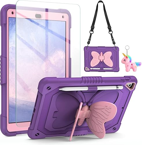 Miniatura 6 de VOFUOE Funda para iPad de 6ª/5ª generación con protector de pantalla para iPad 9.7, 2018 2017, correa de soporte de mariposa, muñecos, portalápices