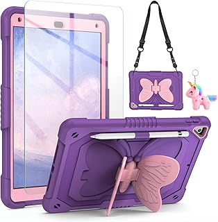 for iPad 6th/5th Generation Case with Screen Protector, iPad 9.7 Case 2018 2017 Butterfly Stand Strap Dolls Pencil Holder Kids Girls Hard Cover for iPad Pro/iPad Air 2th, iPad 6th/5th 9.7''-Purple