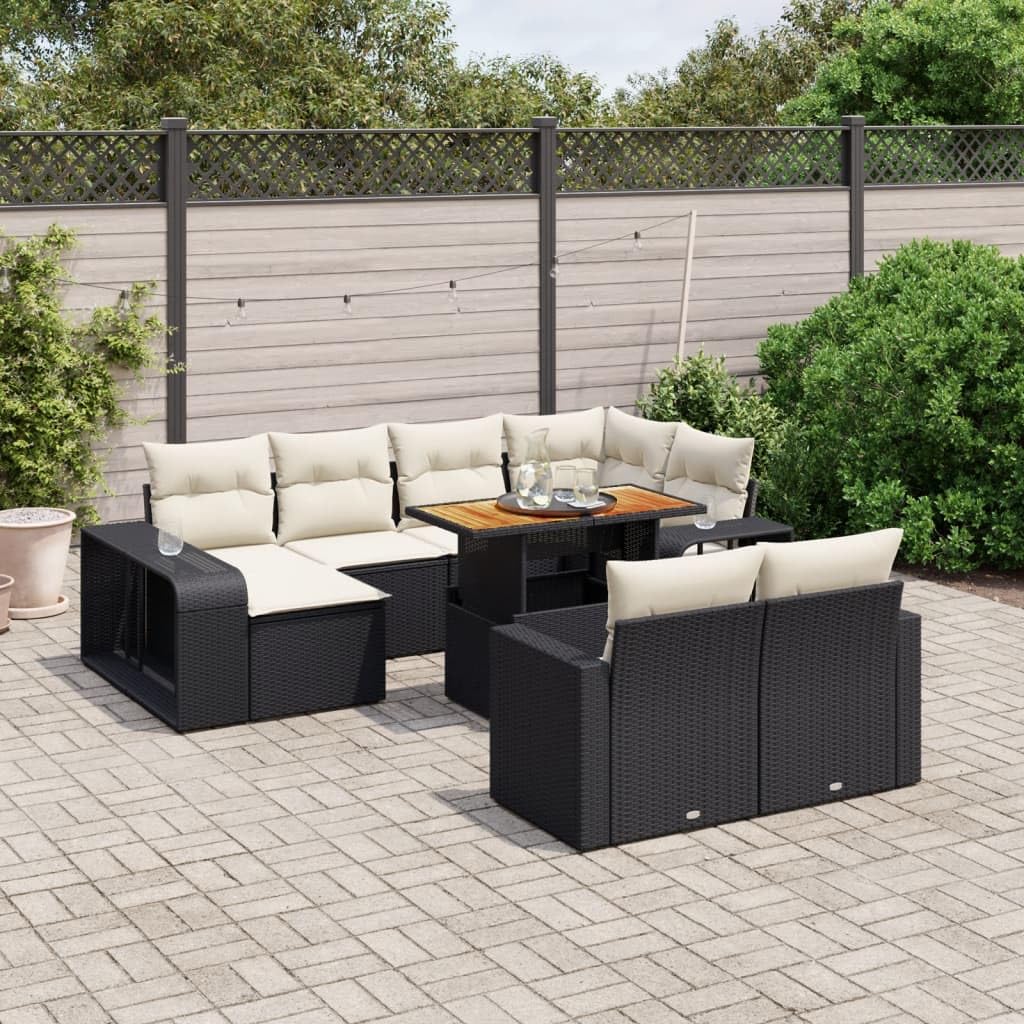 Set di divani da giardino da 11 pezzi, colore nero, con cuscini, in polyrattan, set lounge per terrazza, balcone e giardino d'inverno, resistente alle intemperie, modulare, con tavolo