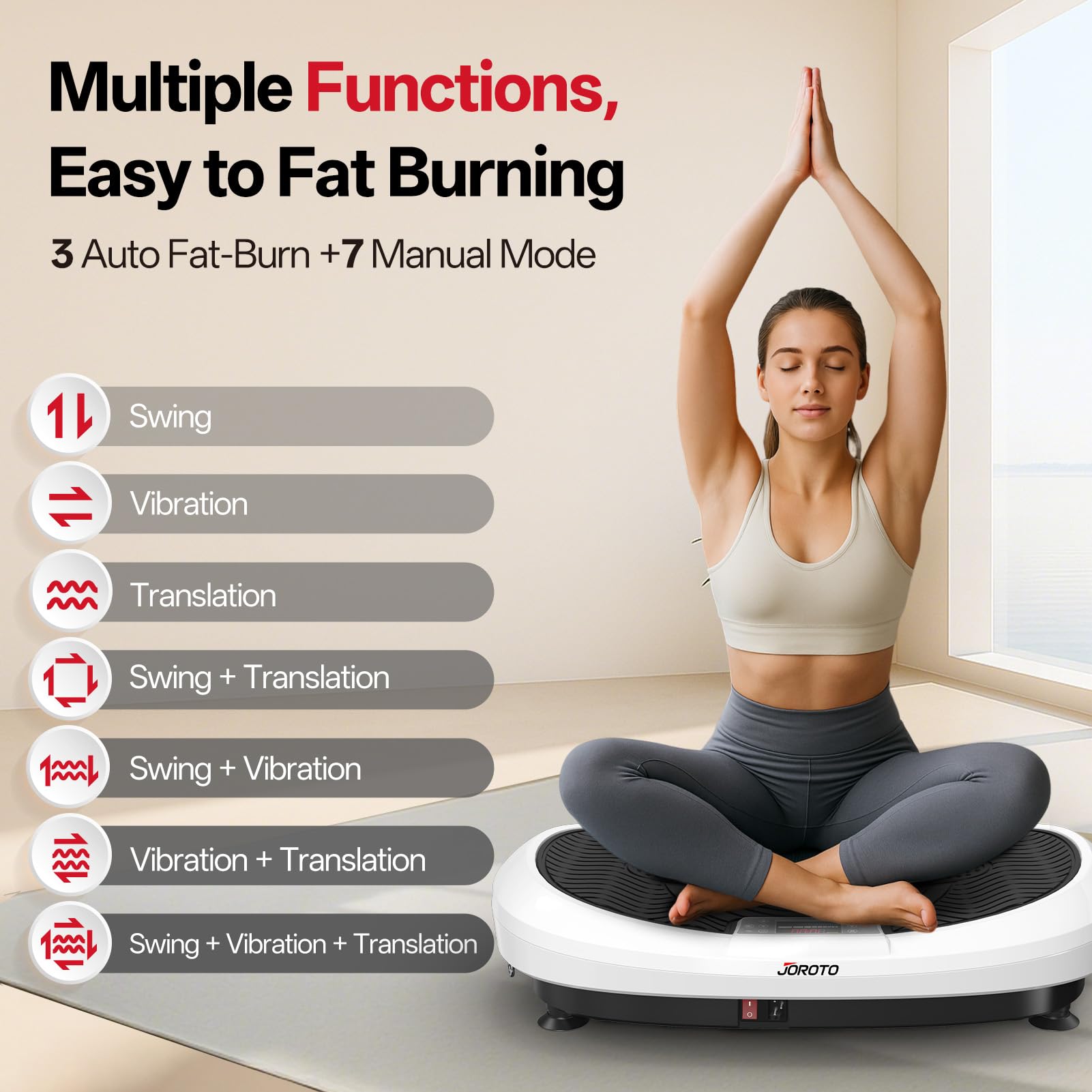 JOROTO JV50/JV60 Pedana Vibrante 4D per Casa, con 3 Motori, 10 Programmi & 120 Livelli, Altoparlante Bluetooth, Luci LED per Allenamento Completo del Corpo, Portata Massima di 158KG