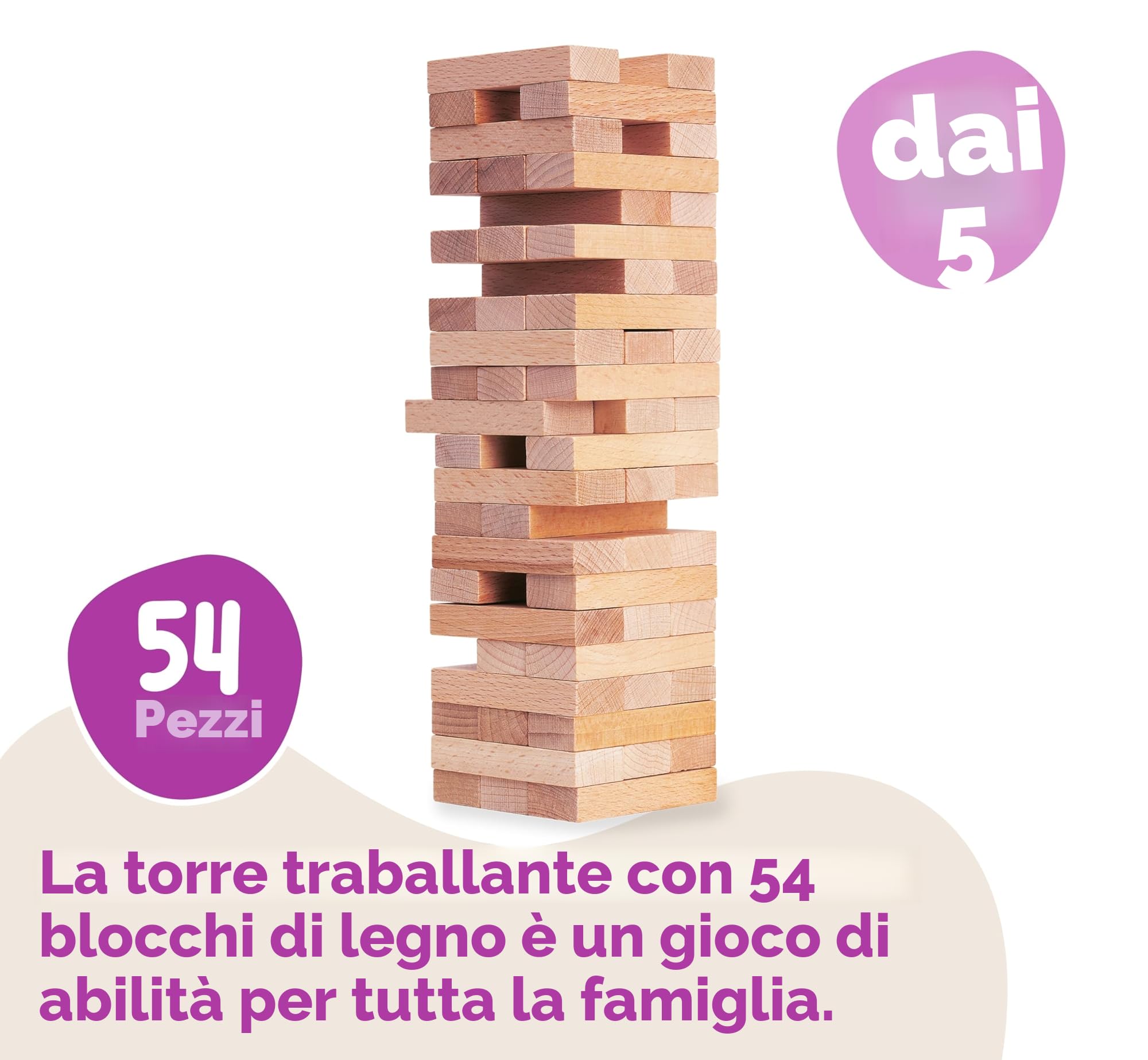 Eichhorn Torre in Legno Vacillante, Gioco impilabile, in legno non trattato, torre a dondolo, 54 pezzi, 5 anni, 100002466, marrone
