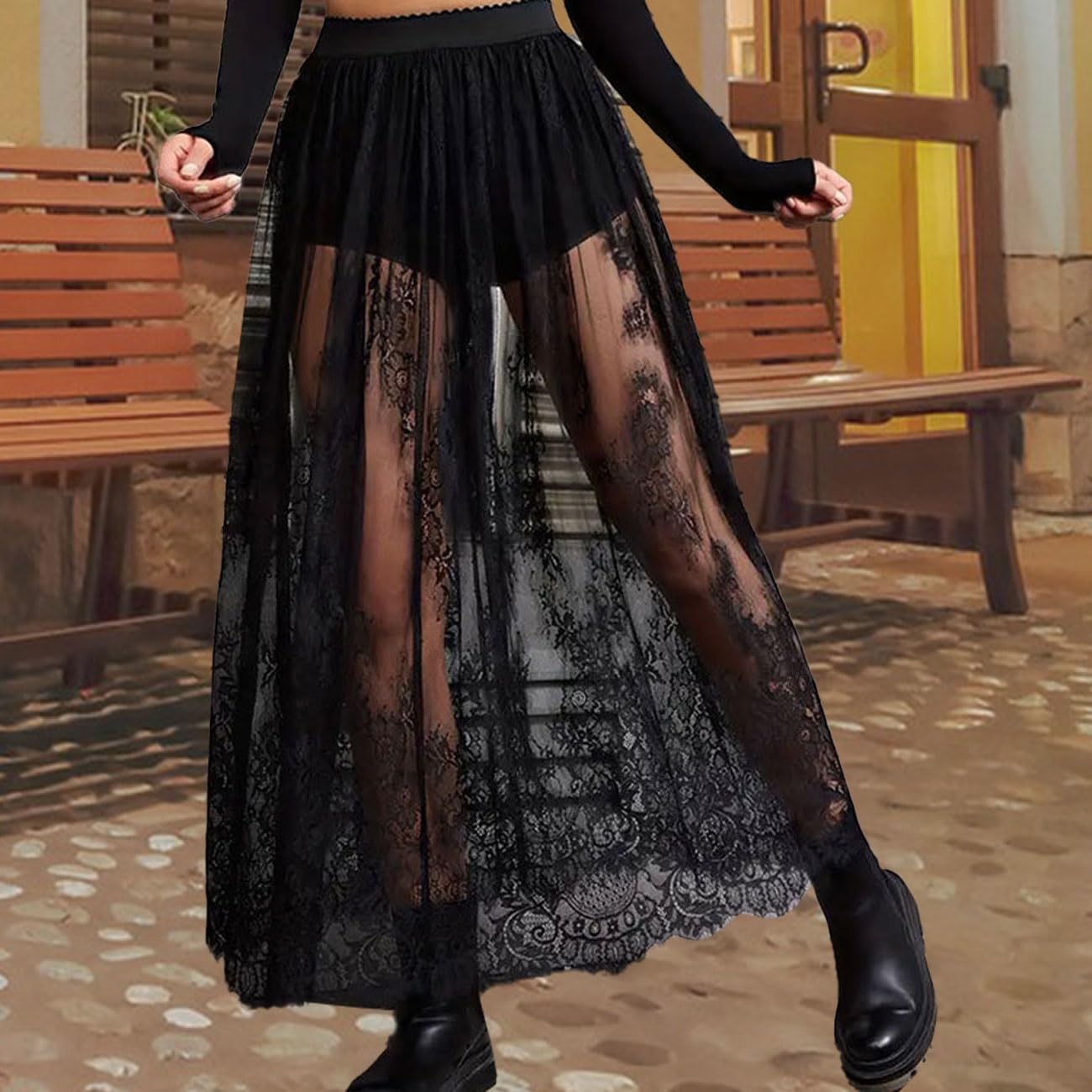 Falda Larga Semitransparente Encaje Mujer, Sexy 2 en 1, Malla Transparente, Cintura elástica línea A, Maxifalda Tul Debajo Pantalones Cortos, Ropa Festivales Salir, Negra, Tallas S