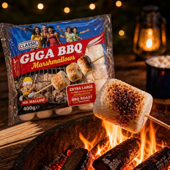Giga Barbecue Marshmallows 400g with 10 Bamboo Skewers – Fluffy Toasting Marshmallows for BBQ, Campfire & S’mores, Large Sharing Bag for Parties, Roasting & Baking Treats for Family & Outdoor Fun