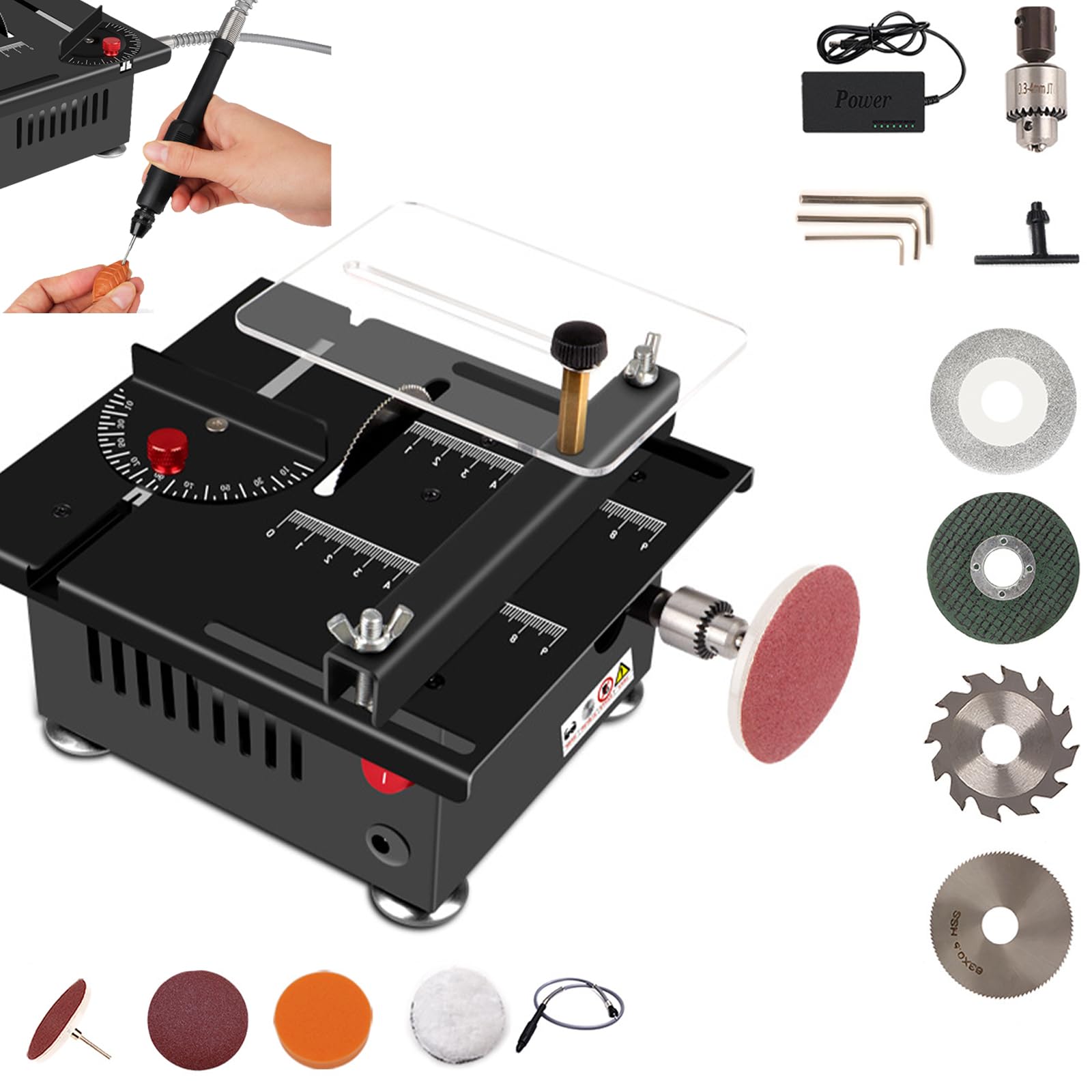 Sierra de mesa eléctrica, mini cortador de mesa de 100 W, herramienta multifuncional para cortar, moler, pulir y perforar, ideal para proyectos de bricolaje y carpintería