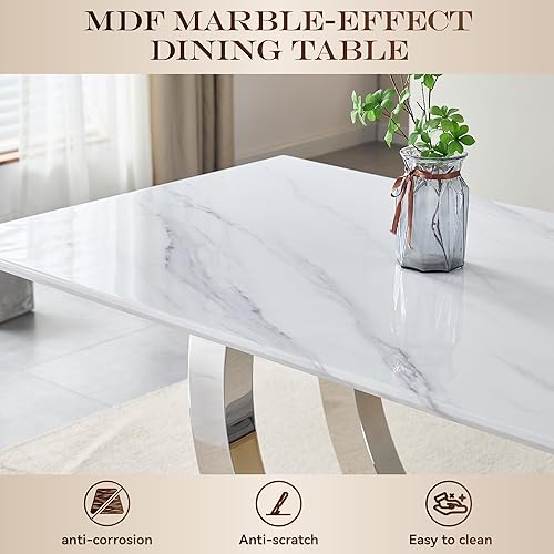 Miniatura 5 de Mesa de comedor de lujo de 69.3 pulgadas para 4 y 6, mesas de comedor de cocina de mármol blanco con parte superior de mármol sintético de 0.98