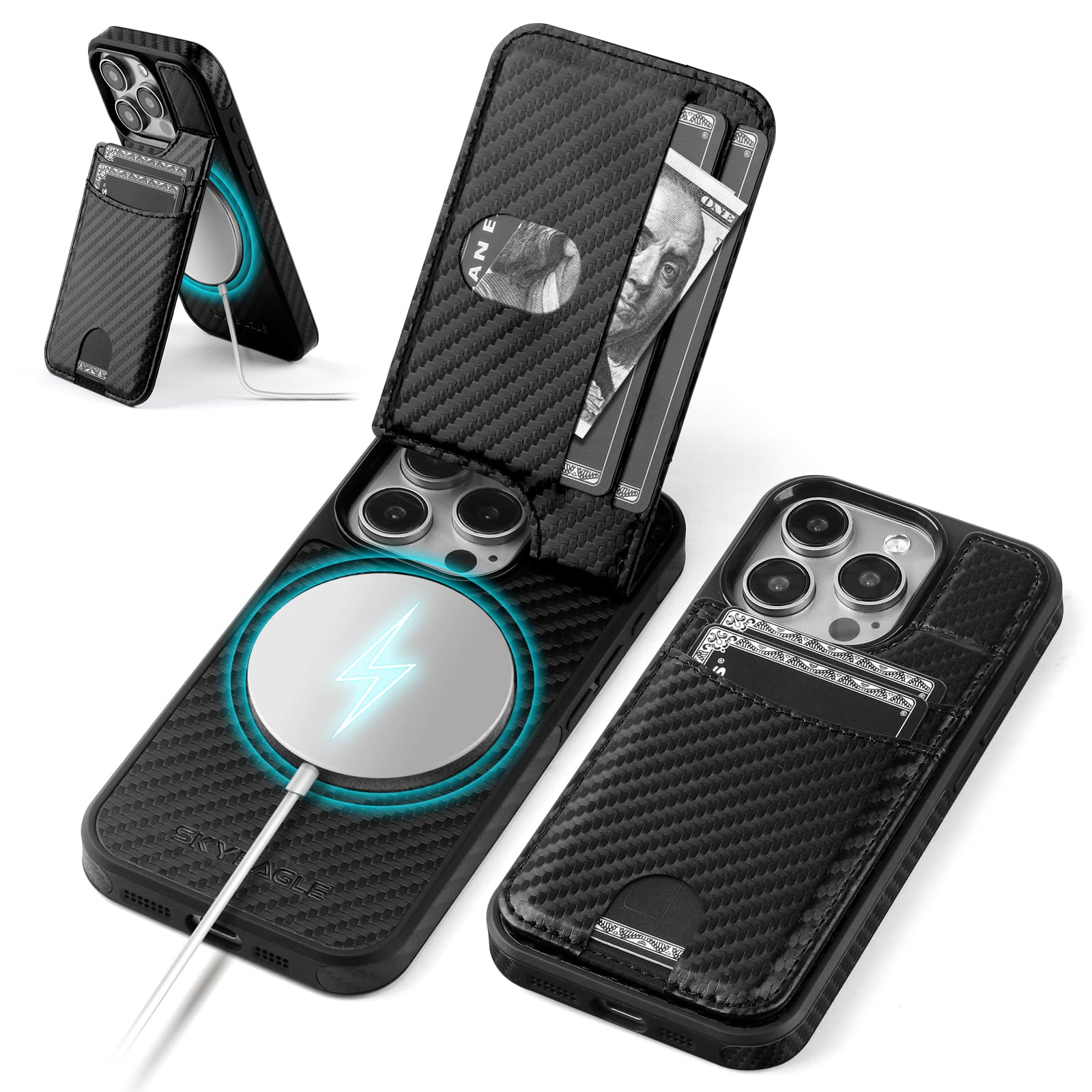 SkyEagle Compatible with Magsafe for iPhone 13 Pro Max Wallet Case with Card Holder Kickstand RFID Blocking Flip Cover Credit Card Slots PU Leather