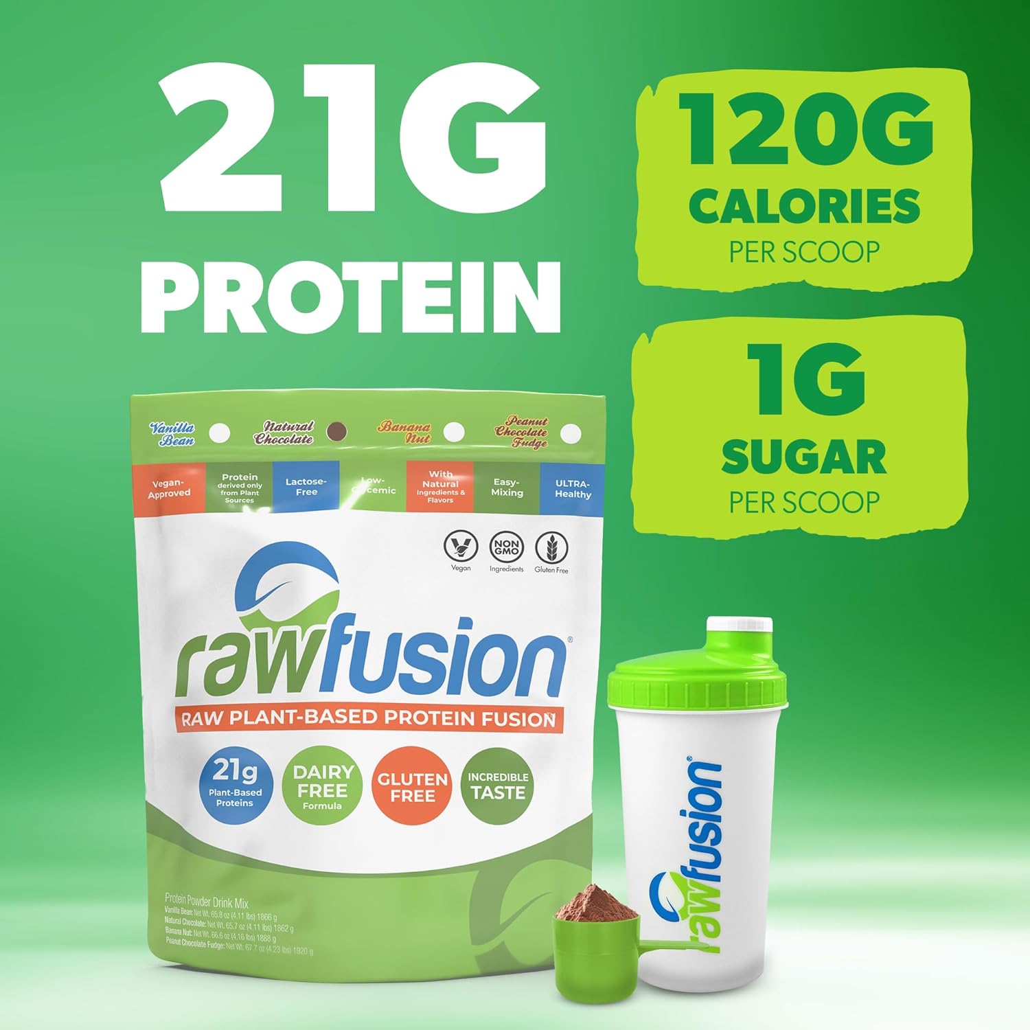 Rawfusion 4lbs- Raw Plant Based Protein Powder, Natural Chocolate - 21g of Protein, Vegan, Low Net Carbs, Gluten Free, Lactose Free, Soy Free, Non-GMO.