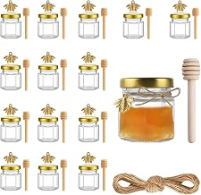 DYUEE Mini Hexagonal Honey Jars, 15 Pack 180ml Little Glass Honey Jar with Wood Dipper Gold Jutes, Pendants, Jutes, Bee Stickers, Storage Jars for Preservatives, Pickle, Jam, Crafts, Honey, Spices