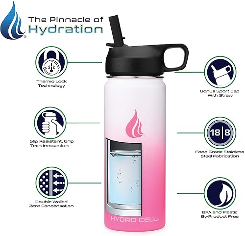 Miniatura 6 de HYDRO CELL Botella de agua de acero inoxidable con sorbete y tapa ancha de boca (blancorosa de 18 onzas con funda inferior de silicona protectora,