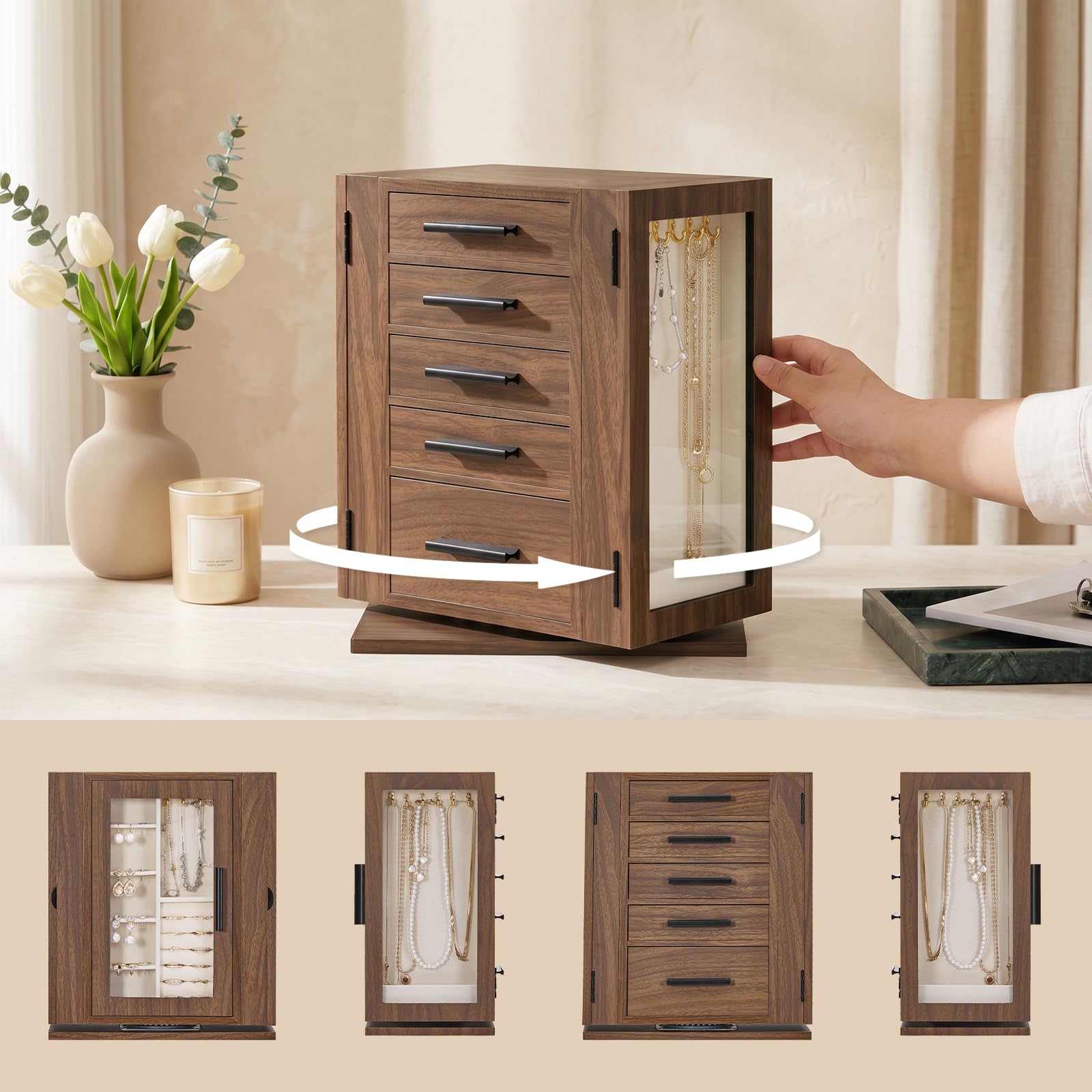 HOOBRO Caja Joyero, Organizador de Joyas Giratorio de 360°, Caja para Joyas con 5 Cajones, con Puerta de Acrílico, Expositor de Joyas con Forro de Terciopelo, para Collares, Anillos, Nogal EBH30JB04