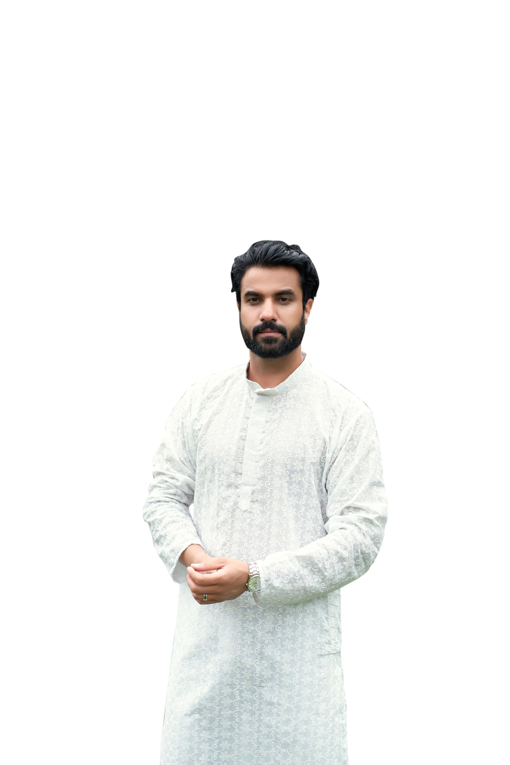 indiroop Classic White Chikankari Floral Men's Kurta Set – Embroidered Cotton Blend, Regular Fit for Casual & Festive Occasions-picture-18
