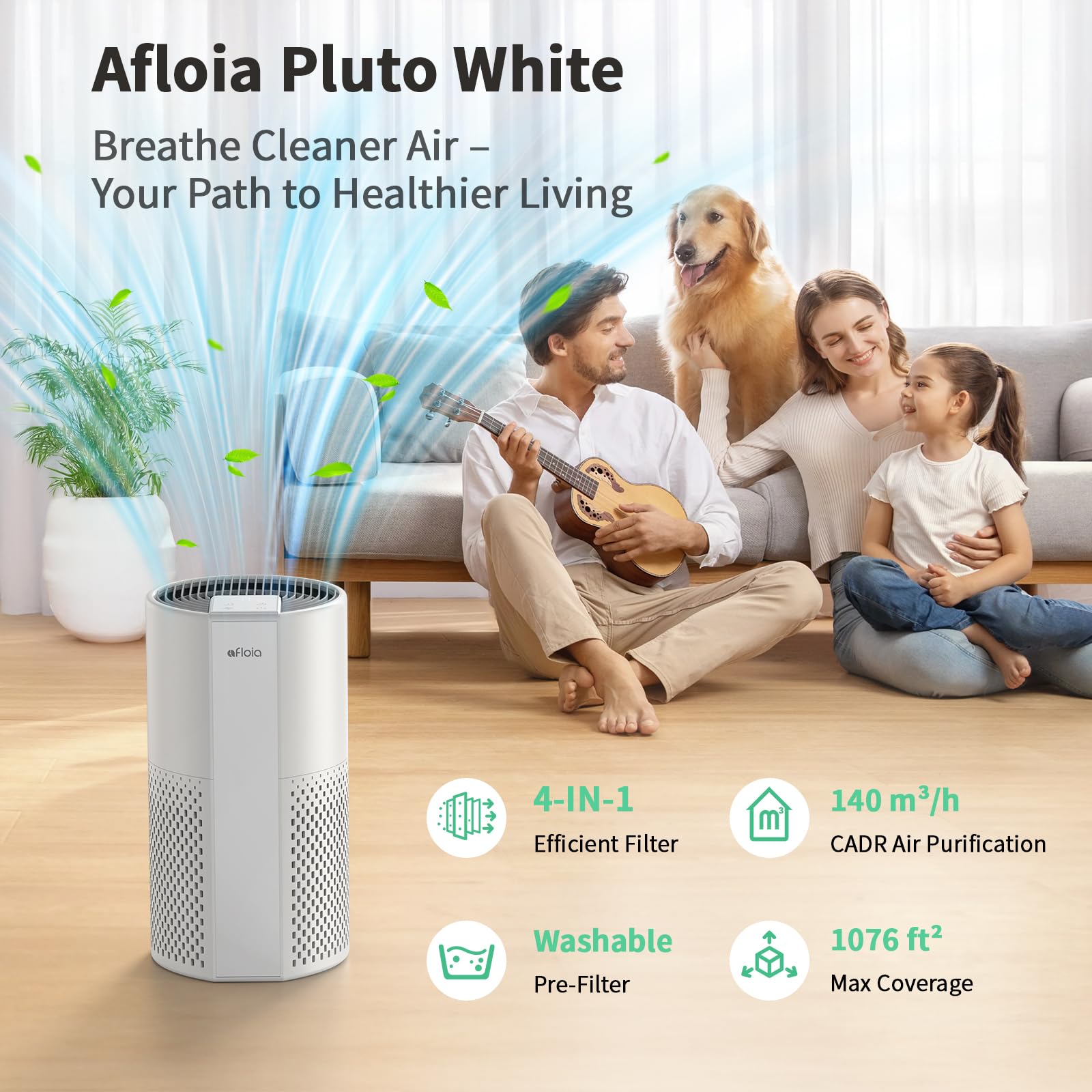 Purificador de aire para el hogar, filtro lavable 4 en 1 para alergias, cubre hasta 1076 pies cuadrados, funcionamiento silencioso, apagado automático y luz nocturna, elimina la caspa de 2