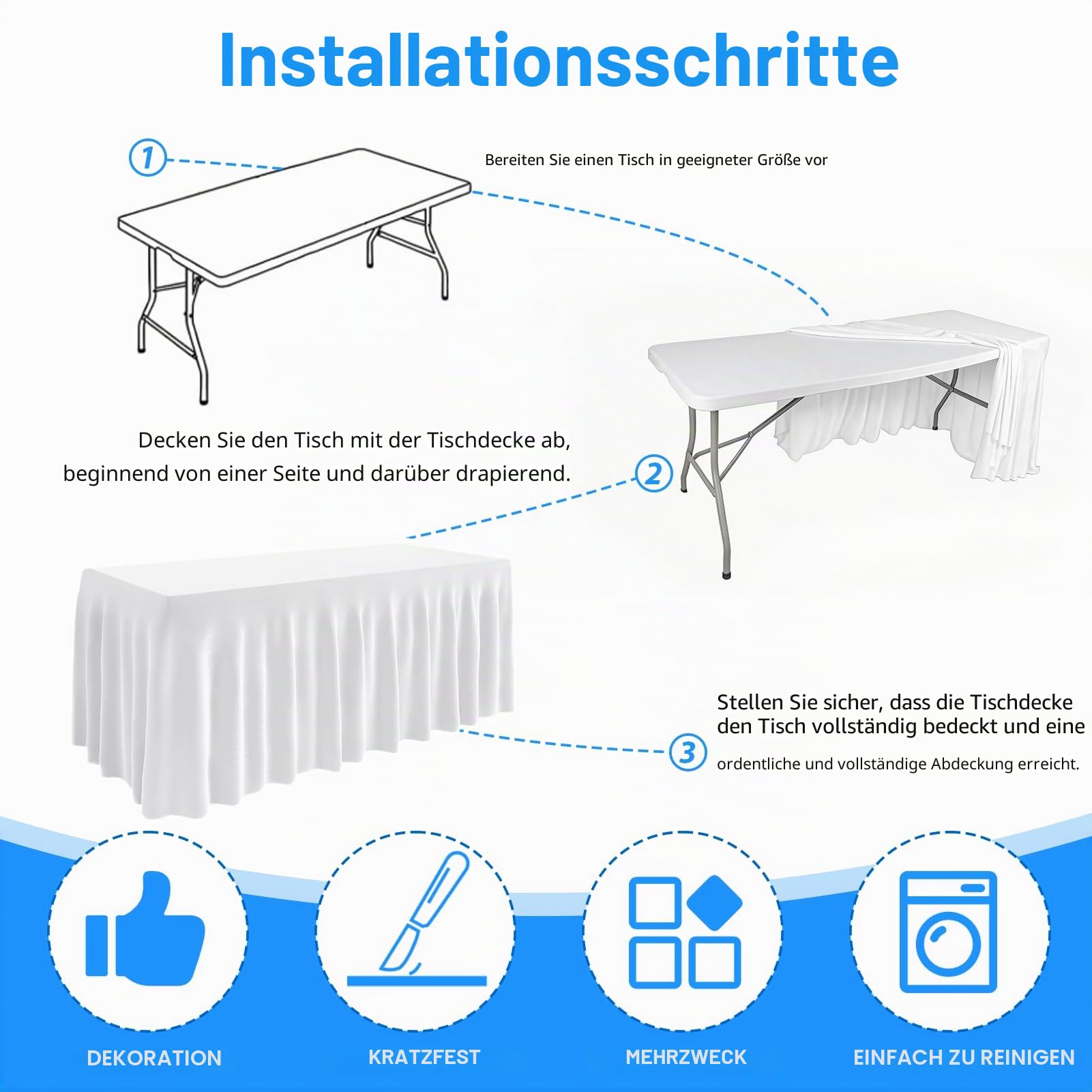 EMART Spandex Tischröcke 182x76cm Weiß Stretch Tischdecke mit Rock, Faltenfreie Waschbare Rechteckige Tischdecke Weiß für 1.8m Rechteck Tische für Partys, Hochzeiten, Bankette, 1 Stück | Faltenbeständig, Bankette, Hochzeiten, Geburtstagsfeiern