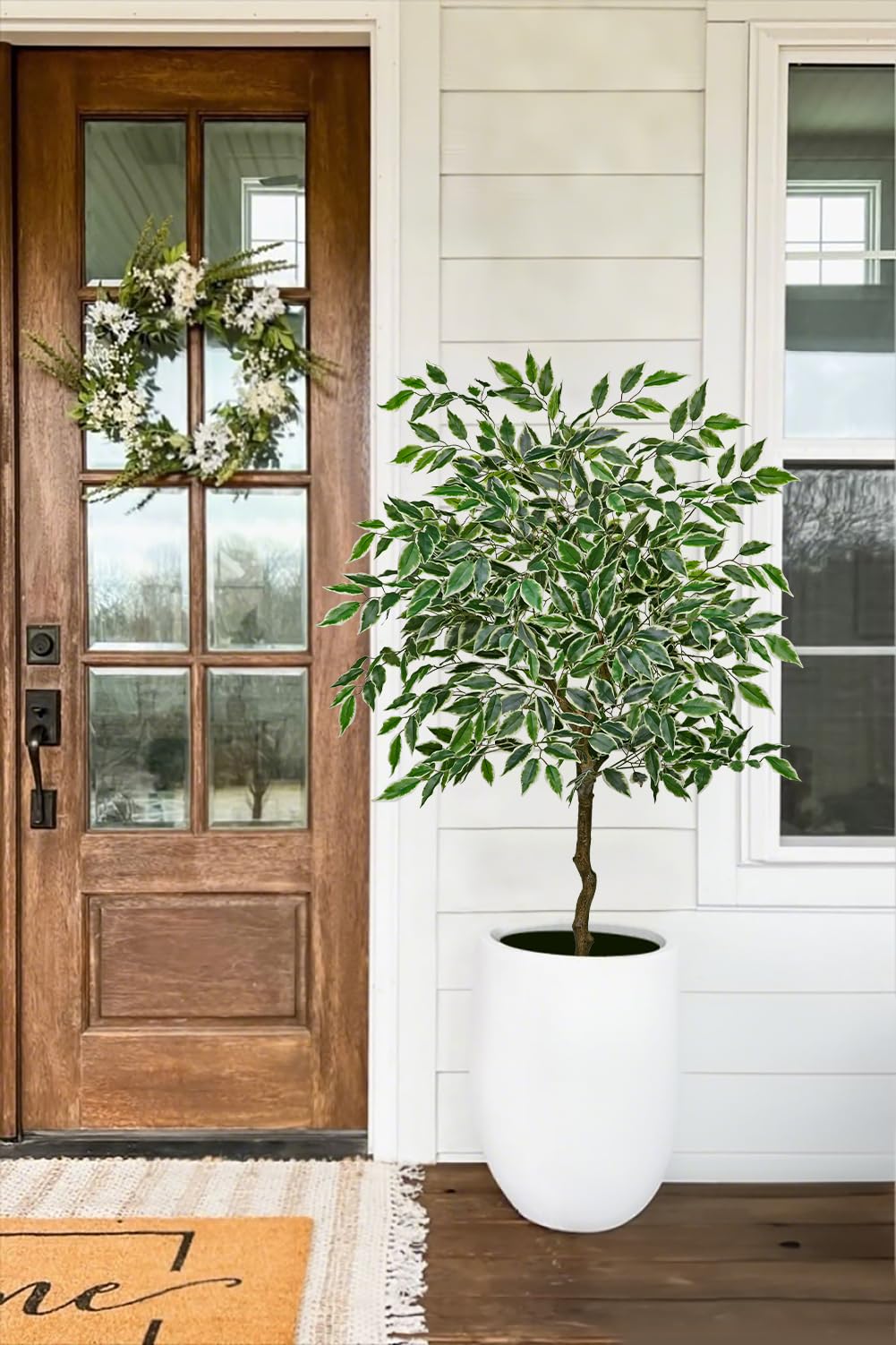 Hollyone Ficus Plante artificielle, 130 cm, grande plante artificielle, comme de vraies plantes en plastique, en pot, vert, blanc, arbre artificiel pour salon, bureau, jardin