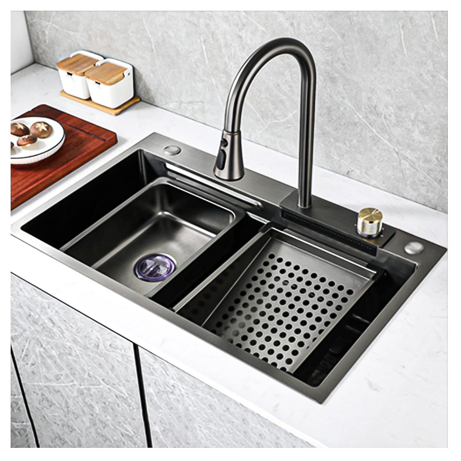 Lavello da Cucina A Cascata, Lavello da Cucina, Vasca Singola con Lavabicchieri, Lavello da Postazione di Lavoro, Lavabicchieri/Nero-Grigio/68 * 45 * 22 Cm-Black-grey-80 * 45 * 22Cm