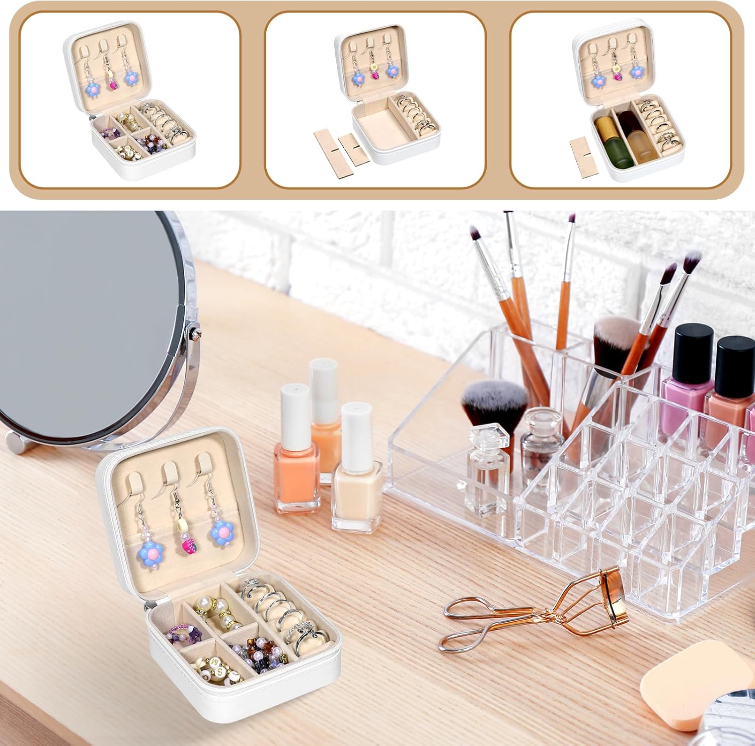 12 Pack Small Travel Jewelry Box Bridesmaid Proposal Gift Boxes Portable Mini Travel Jewelry Case PU Leather Earring Storage Box with Dividers for Women Girls Rings Necklace Earring Organizer, White