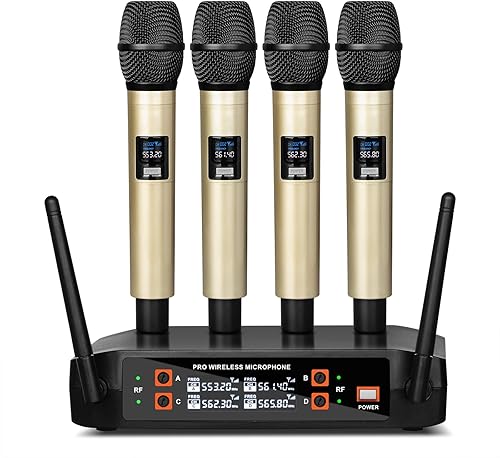 Depusheng Micrófono inalámbrico DX4 con 4 micrófonos dinámicos UHF profesionales, sistema de micrófono de mano inalámbrico para karaoke, canto,