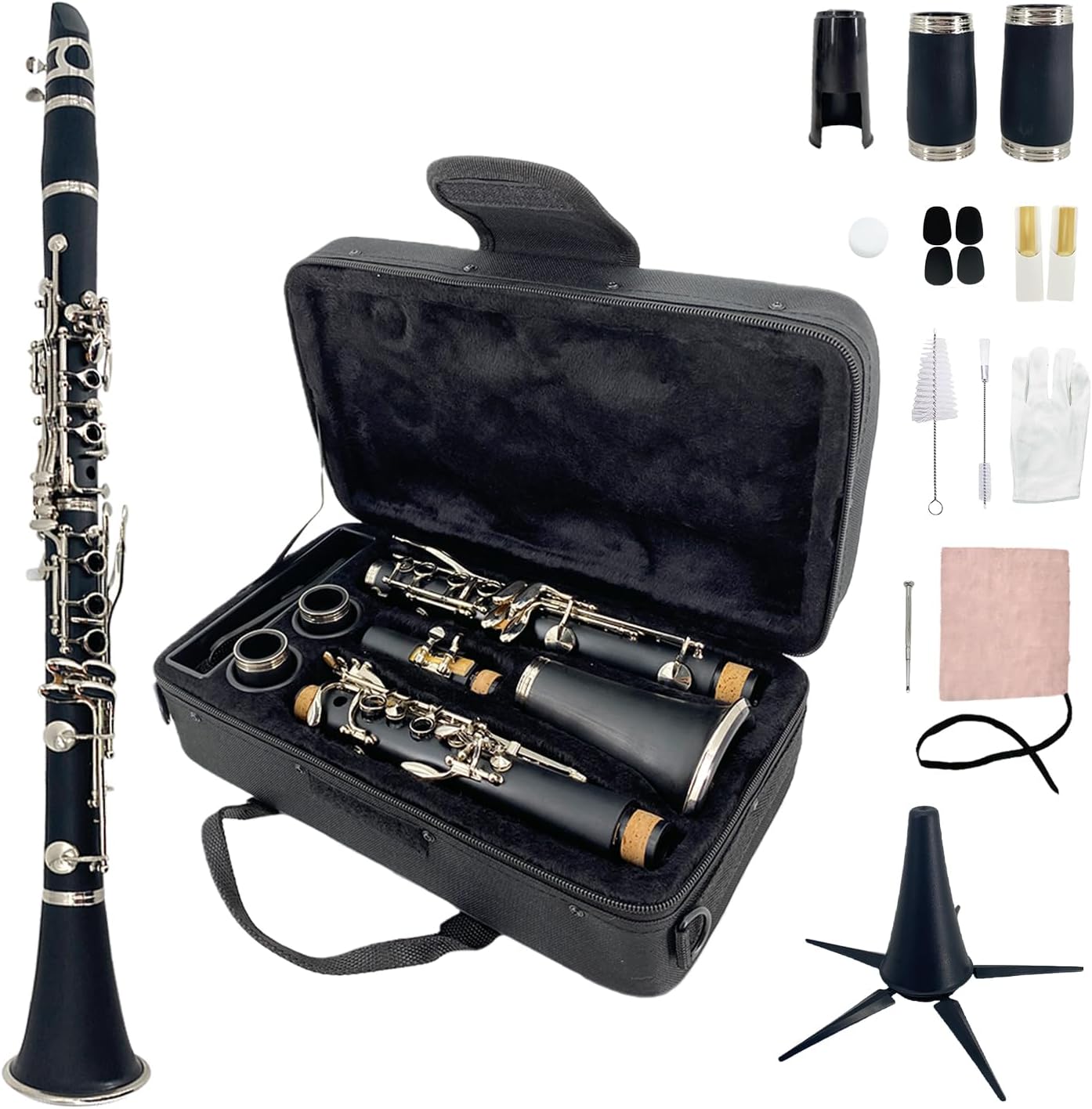 Bb Clarinet Ebonite Student B Flat Clarinet Beginner Kit with Hard Case,Reeds,Stand,Cleaning Cloth,Grease,Mouthpiece Brush and Pad Brush,Cushion,Gloves