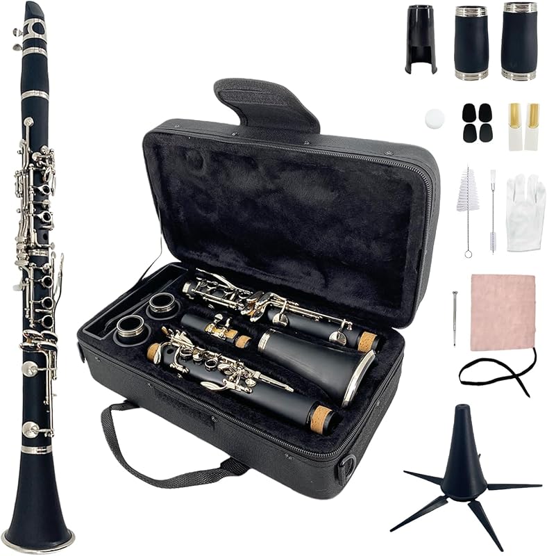 Clarinete Sib para principiantes Estudiantes Clarinete si bemol Teclas niqueladas con estuche Boquilla Soporte para cañas Kit de clarinete de ebonita fácil de tocar Lo mejor para banda orquesta