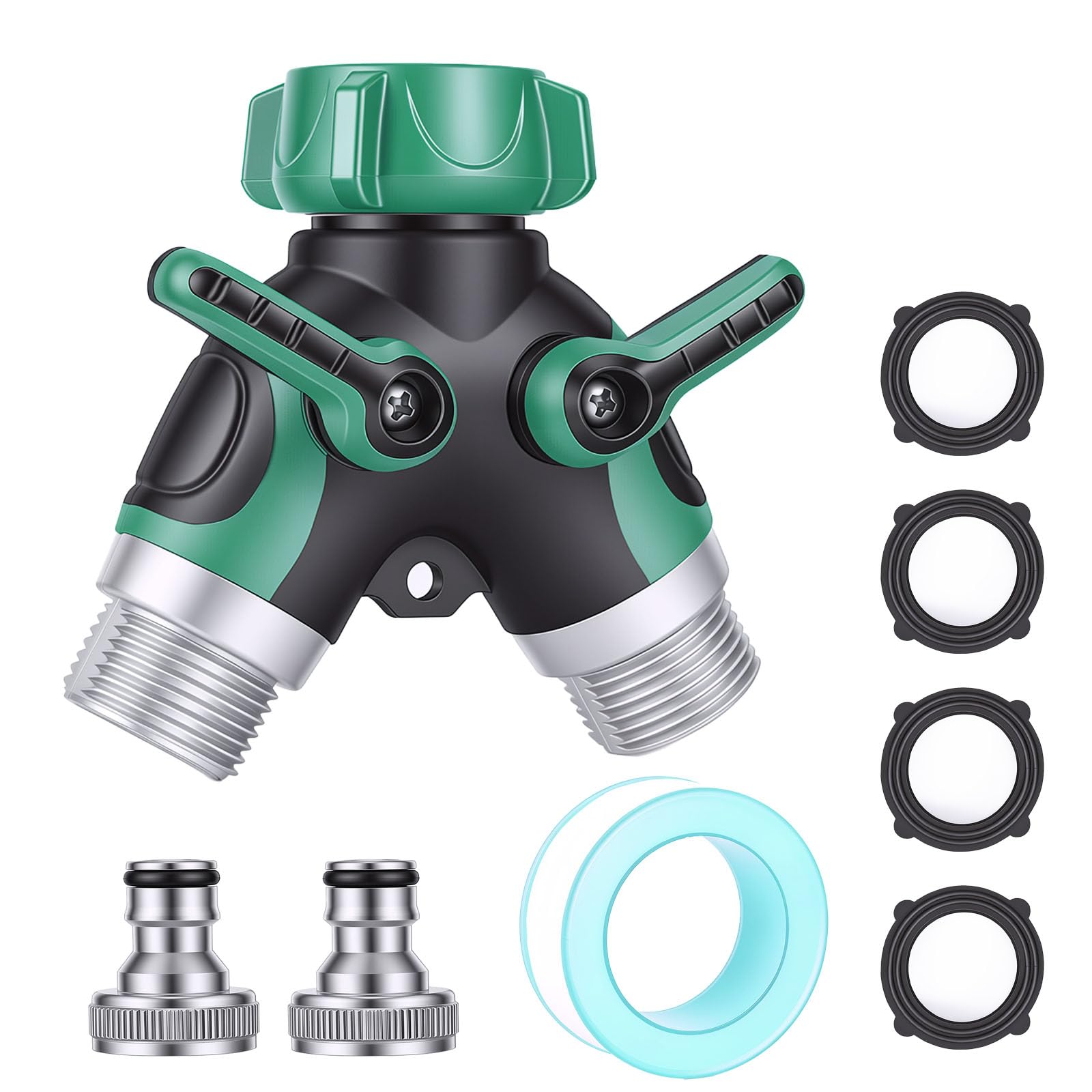 Vexnaro Garden Hose Splitter 2 Way 3/4 Inch, EU Standard Tap Connector with Dual Shut Off Valves, Brass Body with 2 Electroplated Nipples, 3 Washers and PTFE Tape, for Outdoor Garden Irrigation