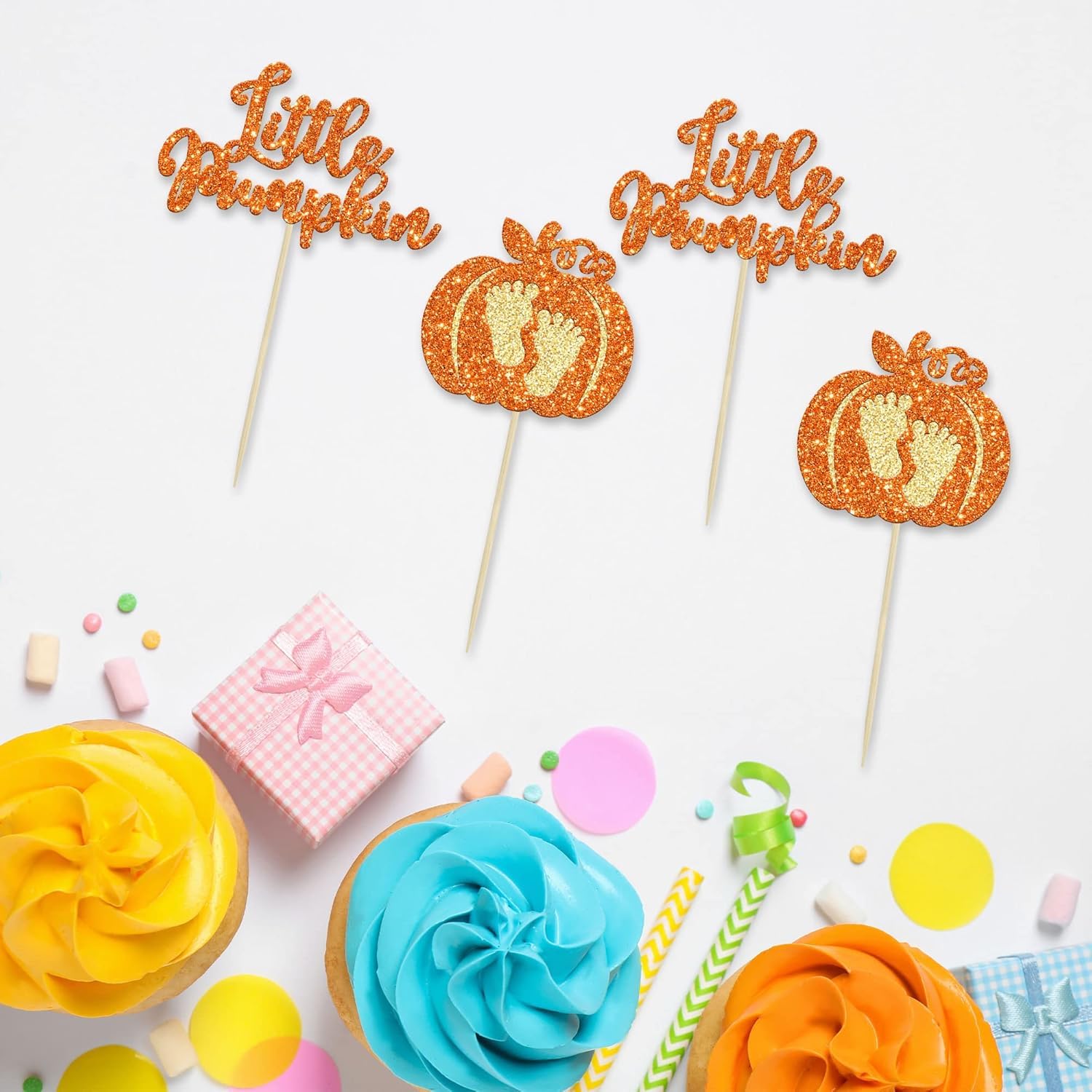Confetti! 24-Pack Glitter Pumpkin Cupcake Toppers - Little Pumpkin Picks for Baby Showers, Kids' Birthdays, and Fall Harvest Parties - Perfect Autumn party supply Decorations 1