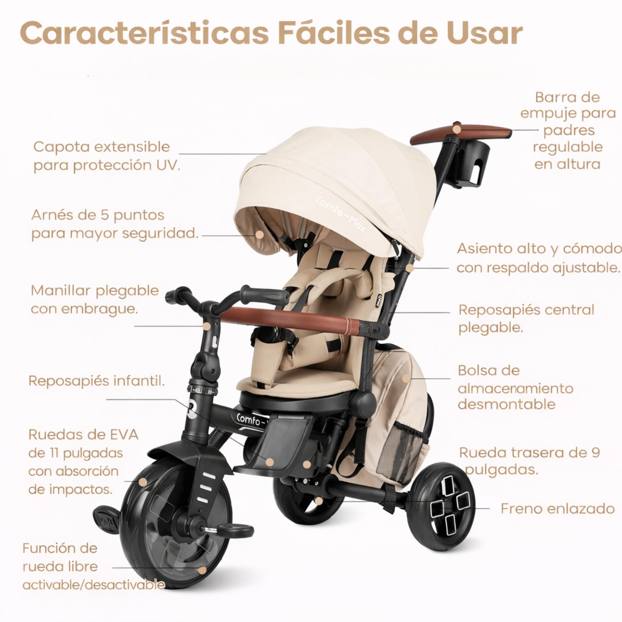 Qplay Tricycle évolutif Comfort Max 6 en 1 Noir | Tricycle Pliable en Aluminium avec siège à 360°, inclinable et Capote – pour bébés de 10 à 72 Mois (Beige)