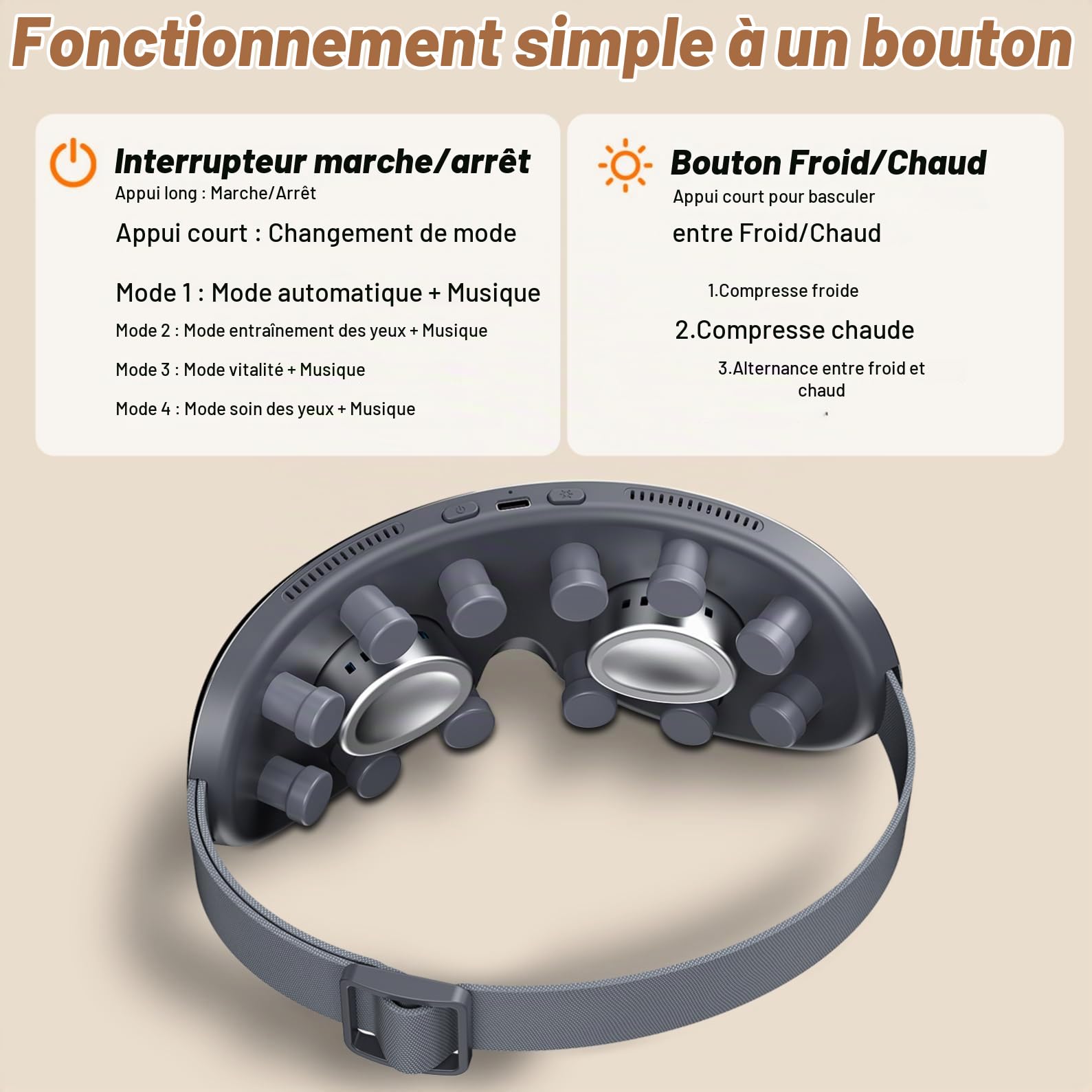 Appareil de Massage Oculaire avec Chaud/Froid, Massage par Compression et Musique Bluetooth, 3 Modes pour les Migraines et les Tensions, Améliore la Qualité du Sommeil et Soulage la Fatigue Oculaire