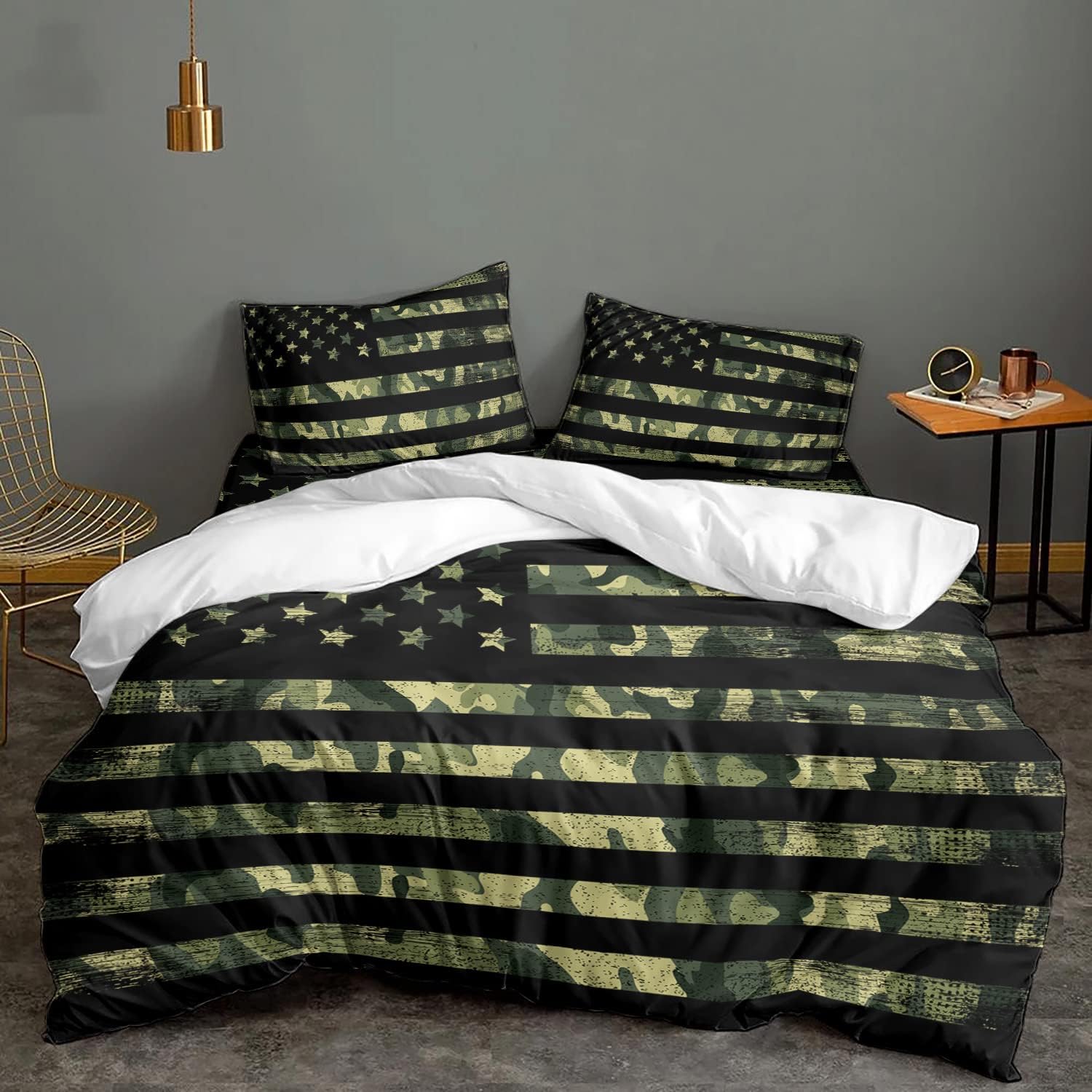 Camouflage 4 Pieces Duvet Cover Sets, Full American Patriotic Flag Soft Bedding Comforter Covers Set with 2 Pillow Shams Lightweight Bedspread Bed Sheet USA Stars Stripes for Boys/Kids/Teens/Adults