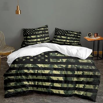 Independence Day 4 Pieces Duvet Cover Sets,Cal King Camouflage Patriotic Flag Soft Bedding Comforter Covers Set with 2 Pillow Shams Lightweight Bedspread USA Stars Stripes for Boys/Kids/Teens/Adults