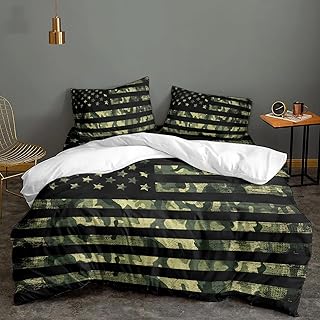 Camouflage 4 Pieces Duvet Cover Sets, Full American Patriotic Flag Soft Bedding Comforter Covers Set with 2 Pillow Shams Lightweight Bedspread Bed Sheet USA Stars Stripes for Boys/Kids/Teens/Adults