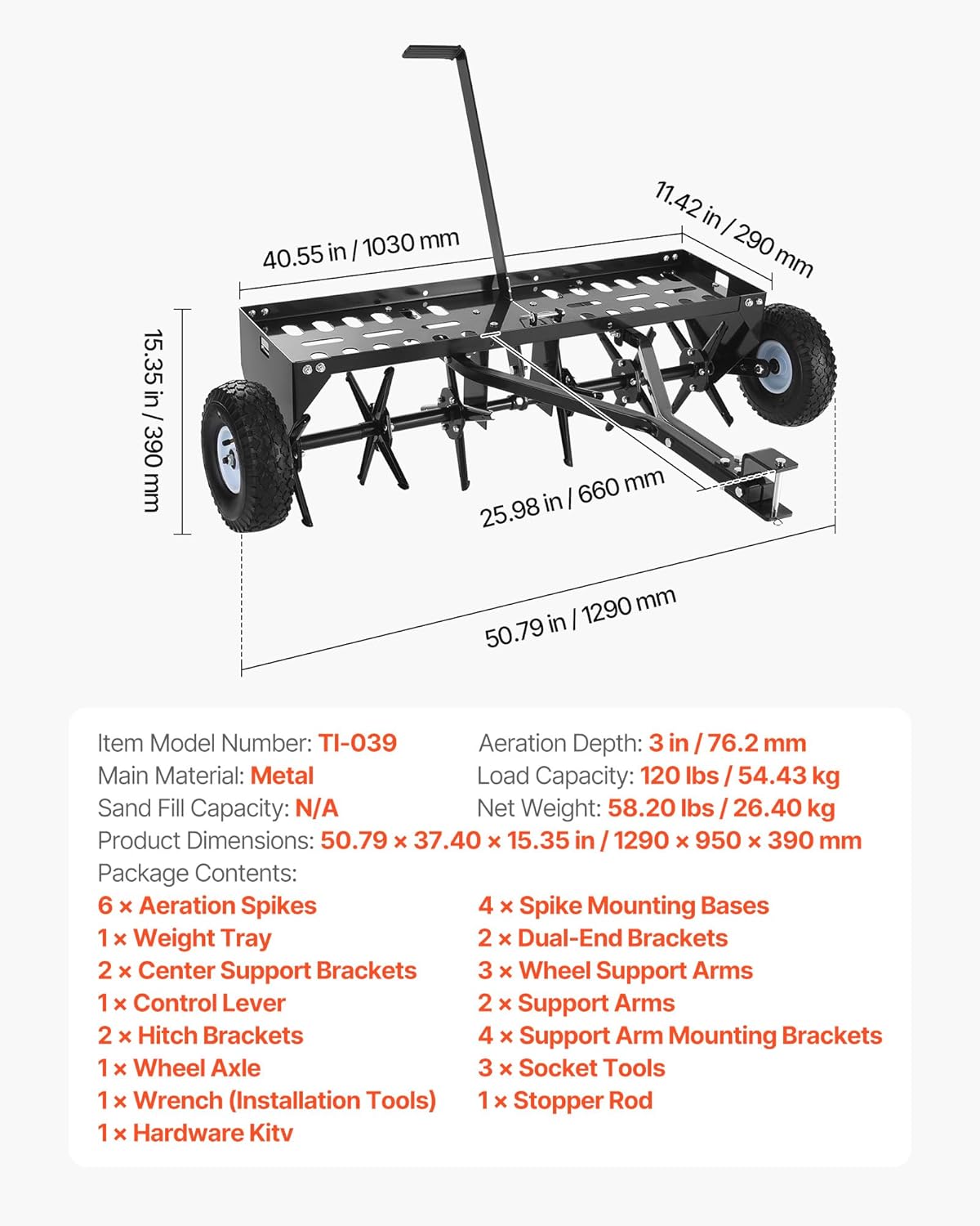 VEVOR Tow Behind Plug Aerator, 40 in Lawn Core Aerator Tool Universal Hitch, 120lbs Weight Capacity, Heavy Duty & Rust-Resistant, Pull Behind Spike Aerators with Tray for Farmland & Garden Tractors