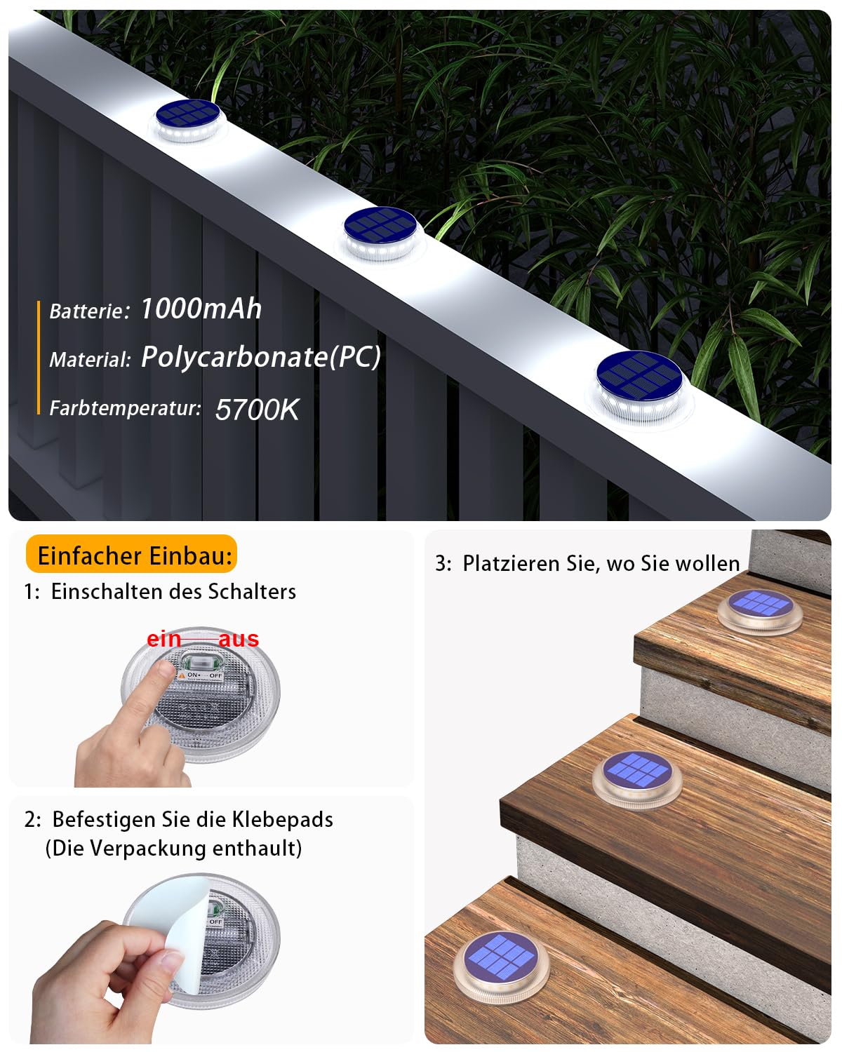 YiLaie Solarleuchten für Außen, Solarlampen für Außen garten 360° LED Solar Treppe Licht IP68 Wasserdicht mit Auto On/Off Solar Weg Licht, Weiß Licht 5700K, 6 Stück