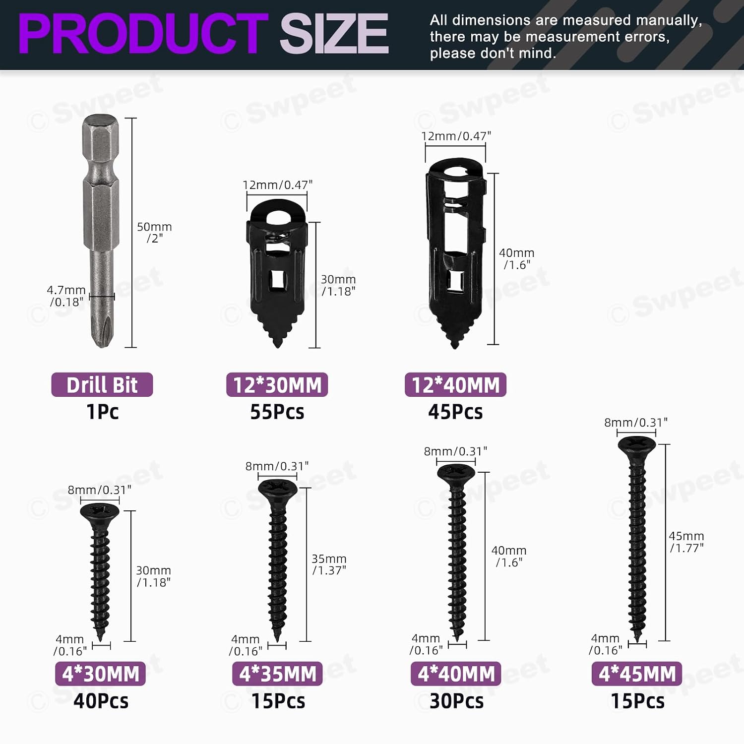 Swpeet 201Pcs 4 Sizes Black Zinc-Plated Drywall Self-Drilling Anchors with Screws and Drill Bit Assortment Kit, No Drill Or Holes in Wall for TV, Bike, Shelf Straps, Decoration Fixing Curtains